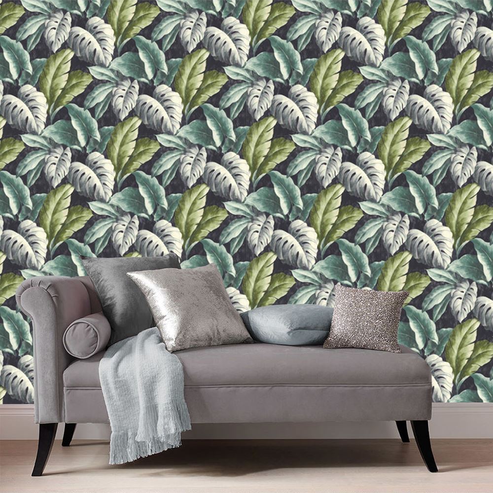 Vinyl Wallpaper Botanical Tropical Leaves Pattern Tree Textured Motif Green Blue