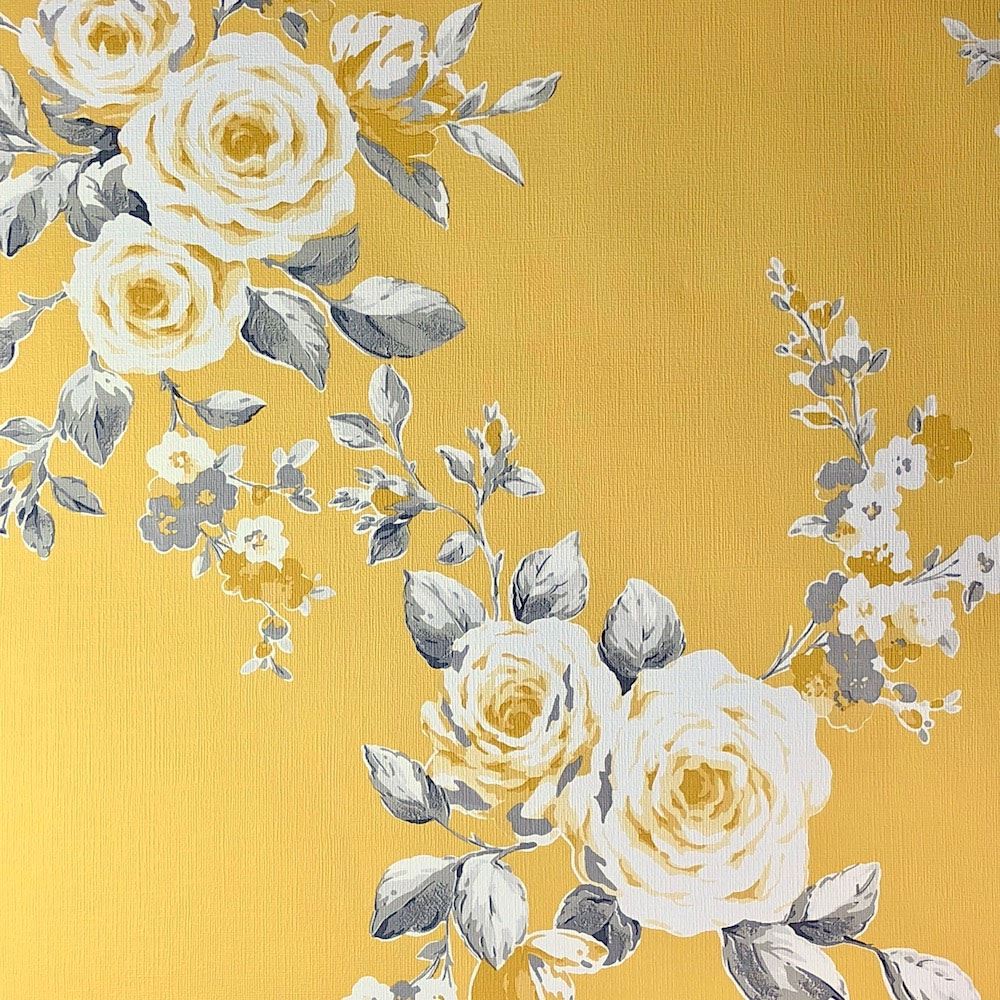 Flower Floral Retro Wallpaper Textured Yellow & Grey Catherine