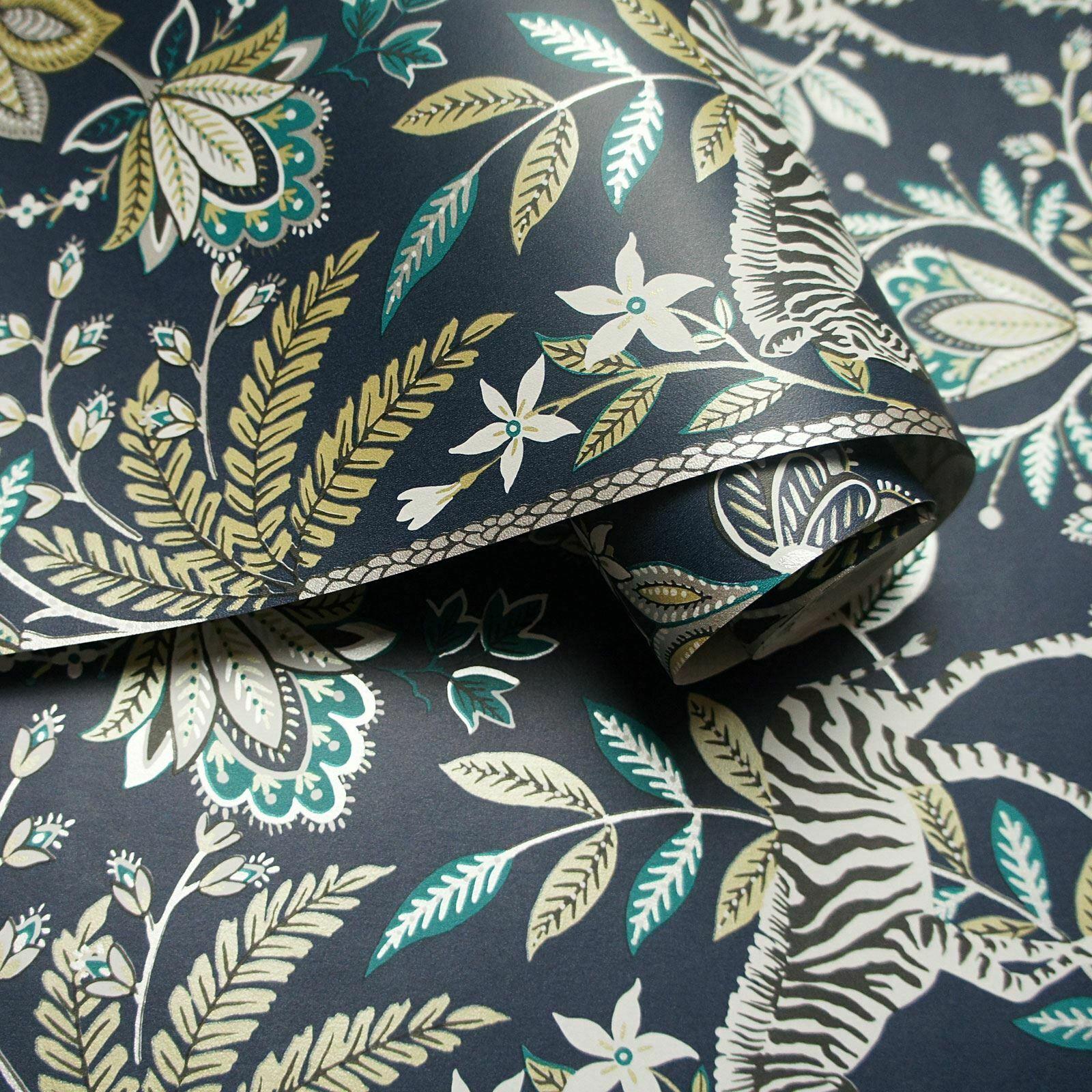Zebra Safari Holden Wallpaper Floral Tree Metallic Navy Ochre Teal