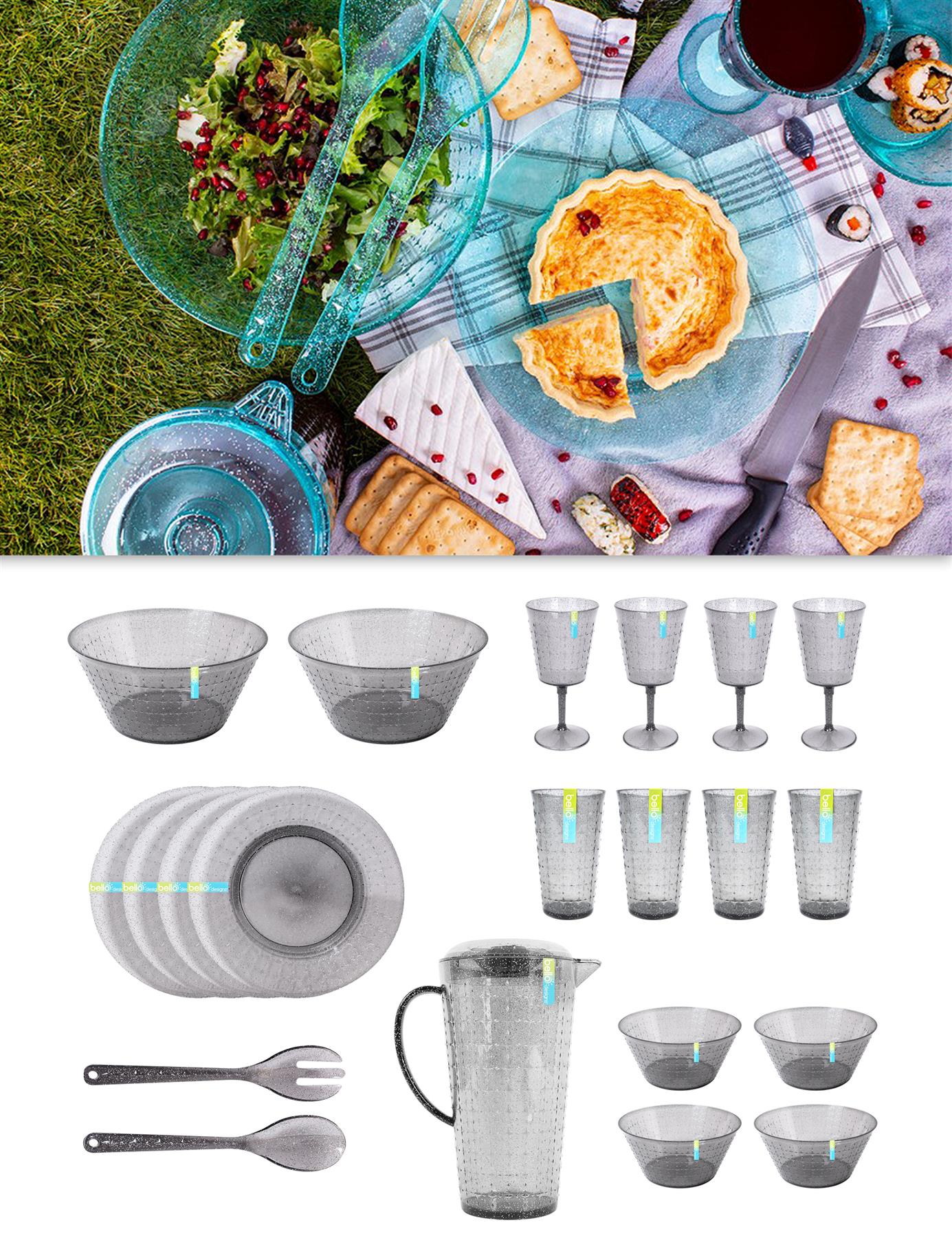 21pc Picnic Set 4 Person Plastic Glitter Blue Grey Outdoor Summer Party