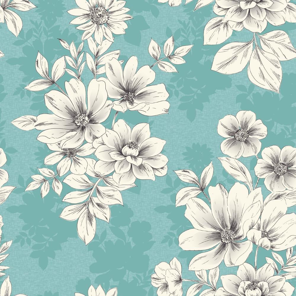 Floral Flower Motif Decorative Wallpaper Teal Blue White Luxury Tivoli Rasch