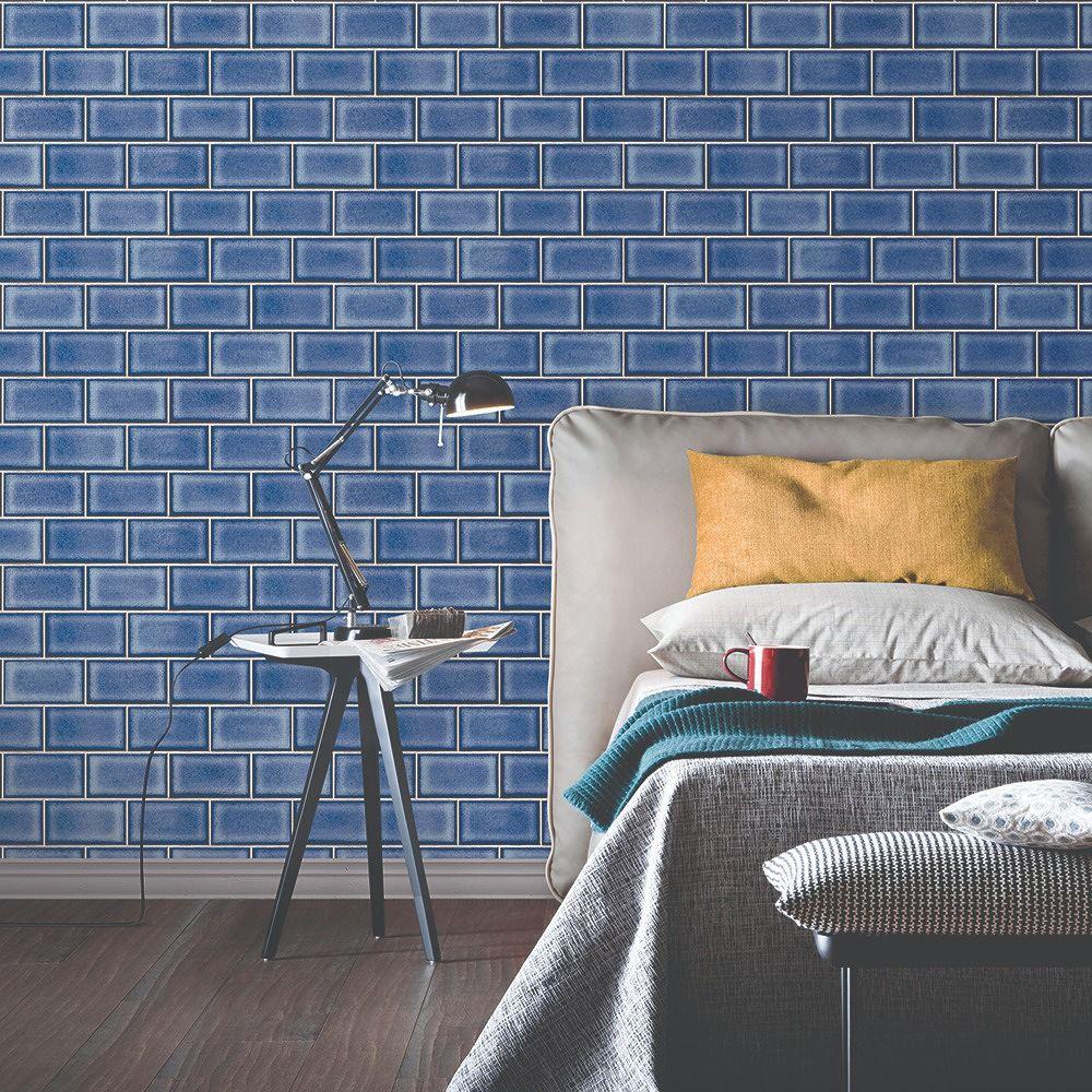 Design ID Subway Tile Vinyl Wallpaper Beige Navy Sky Blue Paste The Wall Modern eBay