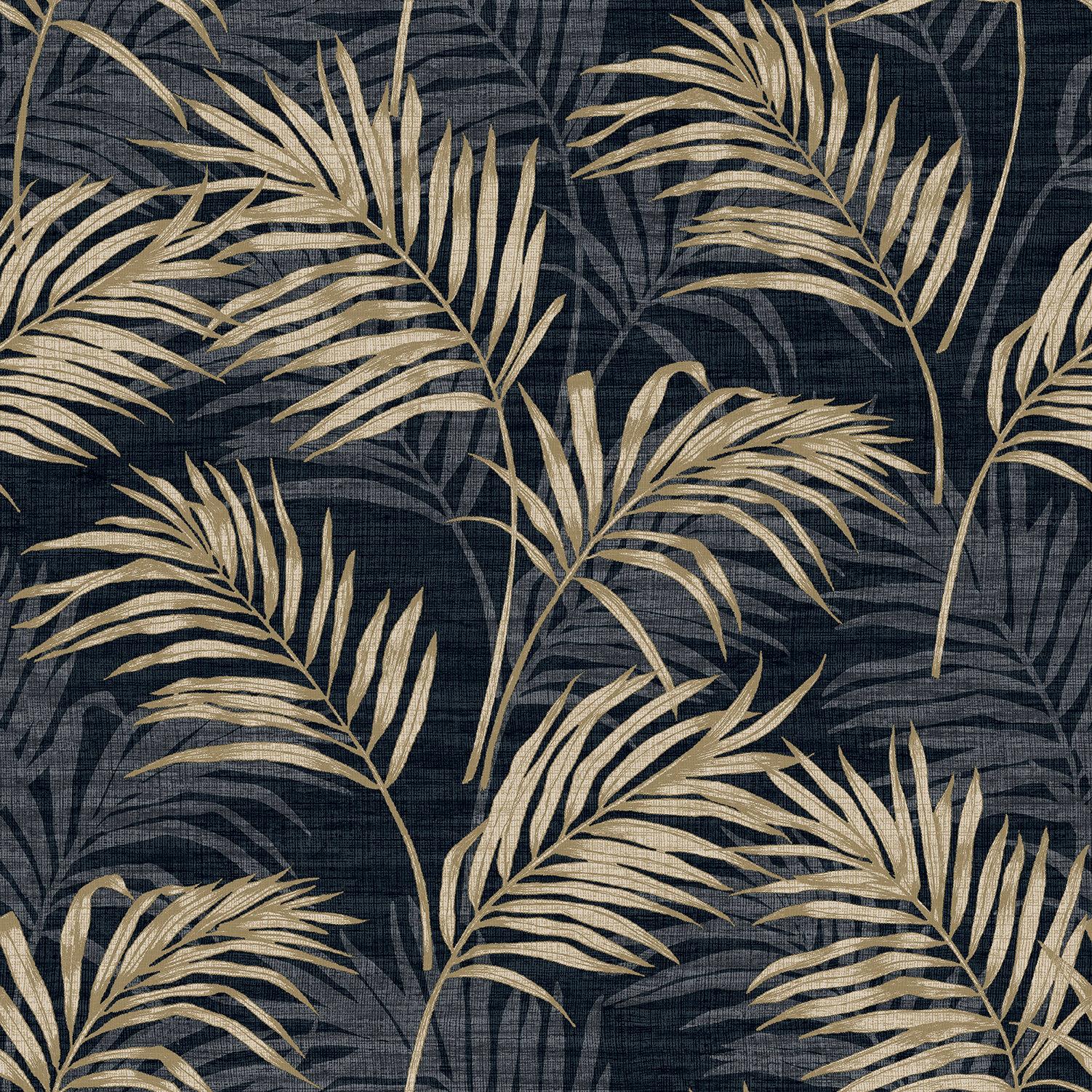 Lounge Palm Wallpaper Grandeco Metallic Silver Gold Ochre Black Teal