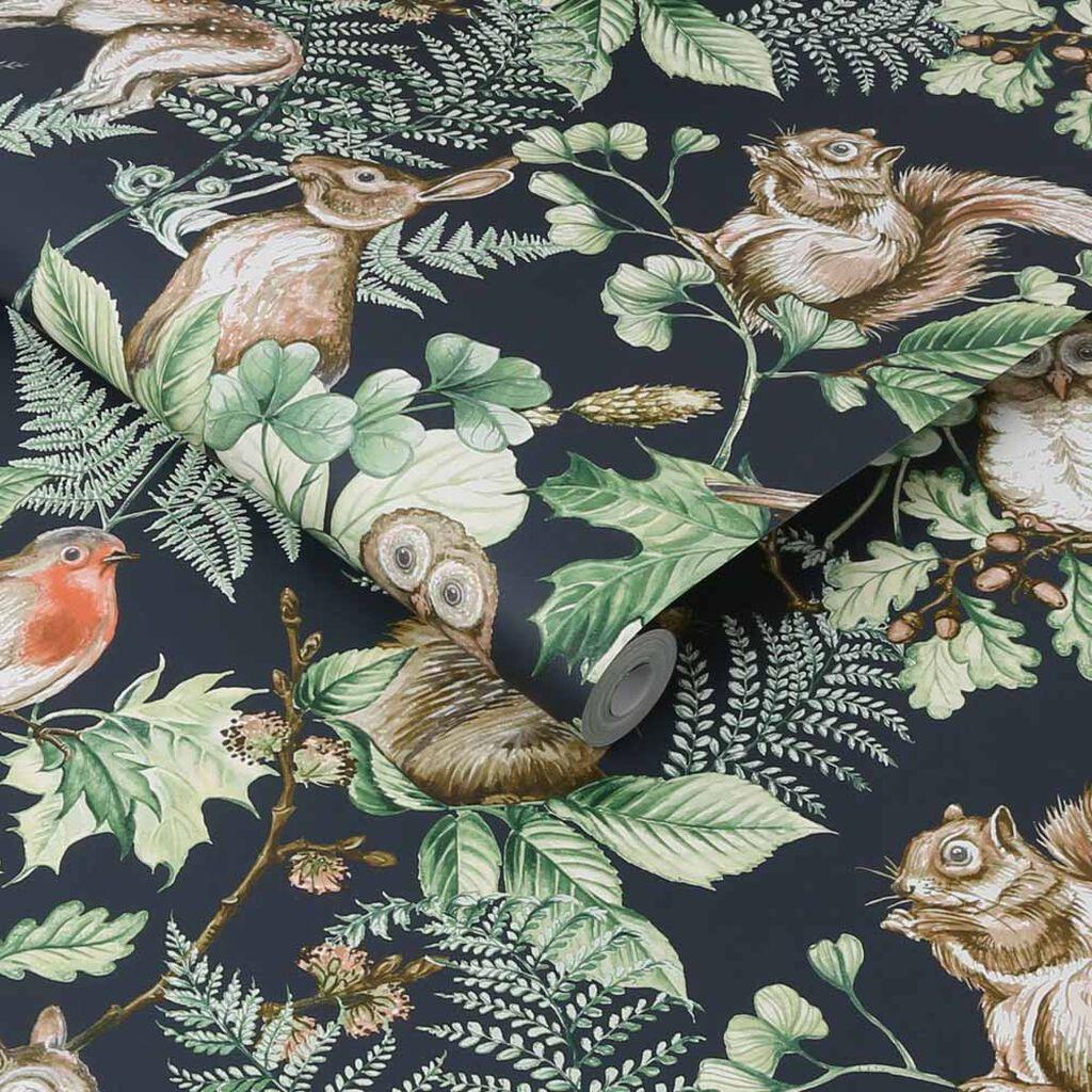 Woodland Animals Wallpaper Nature Forest Leaves Trees Navy Green Natural Matt
