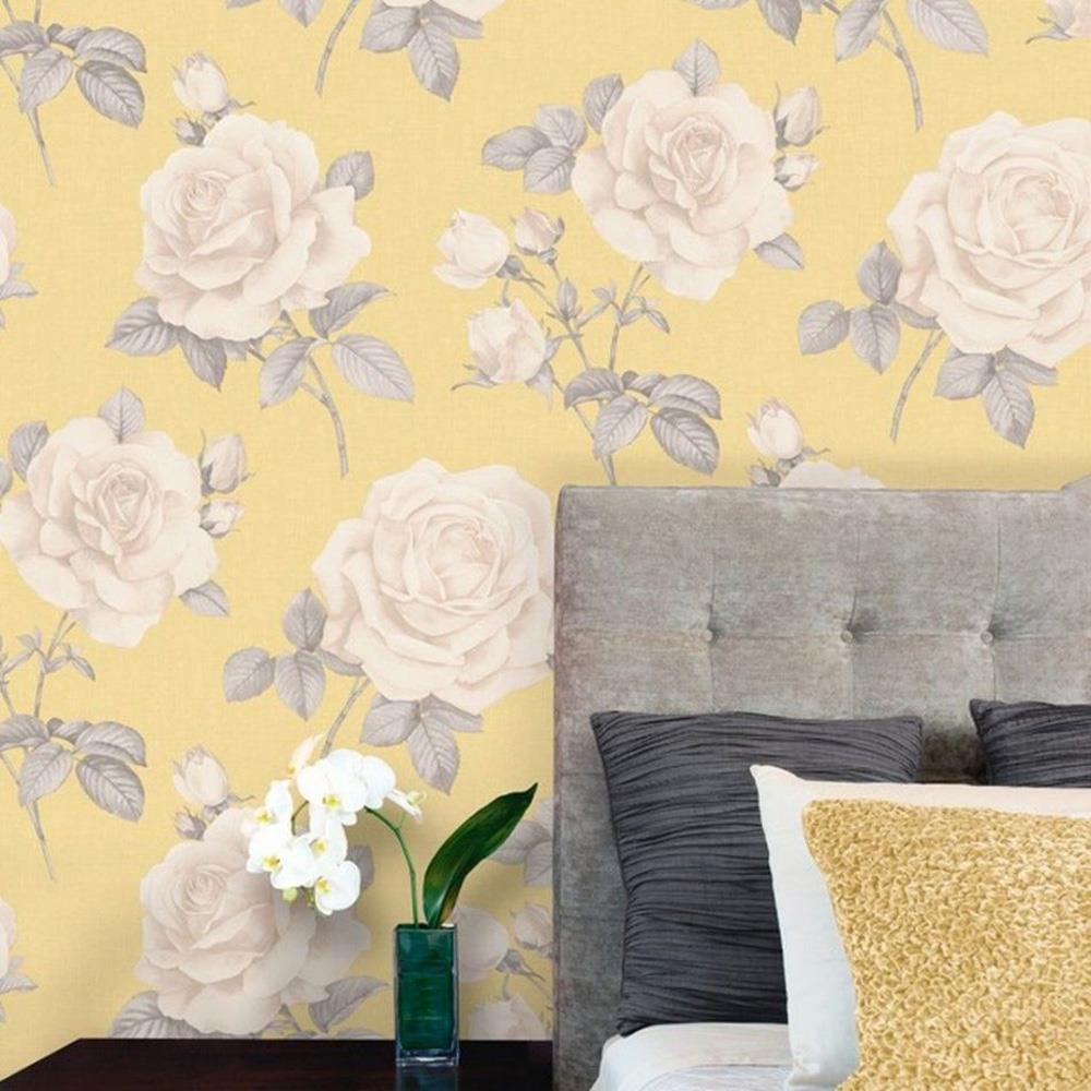 Flower Floral Roses Wallpaper Yellow Grey Beige Hessian Linen Effect Textured