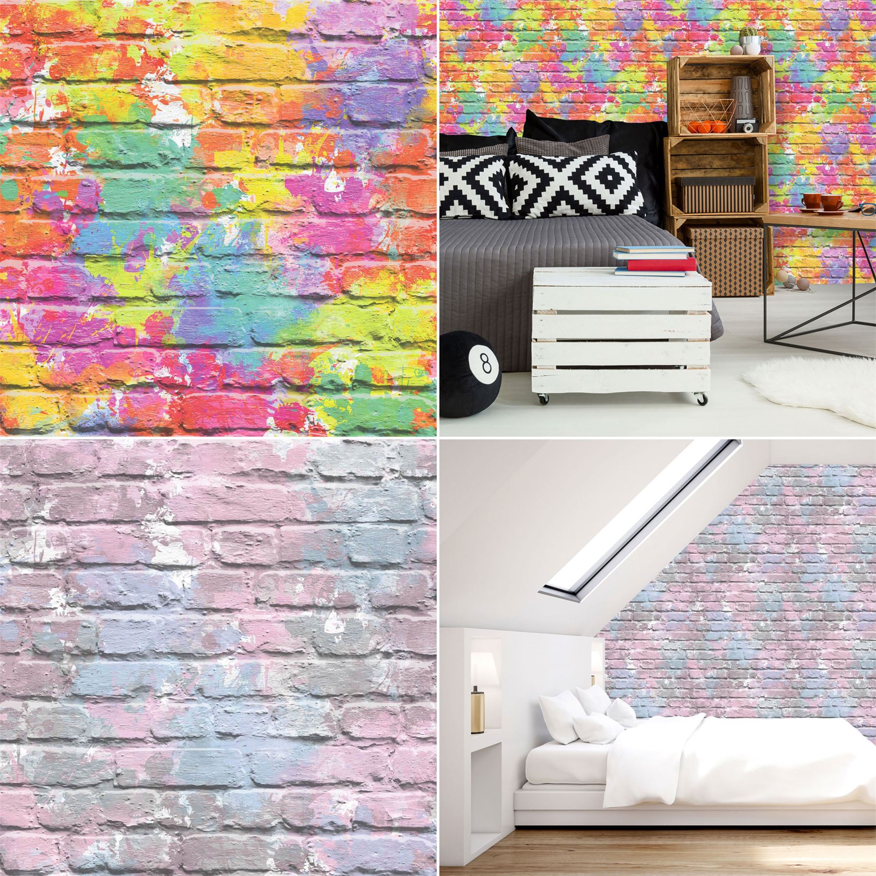 Colourful Brick Effect Wallpaper 3D Slate Stone Rustic Paint Splash