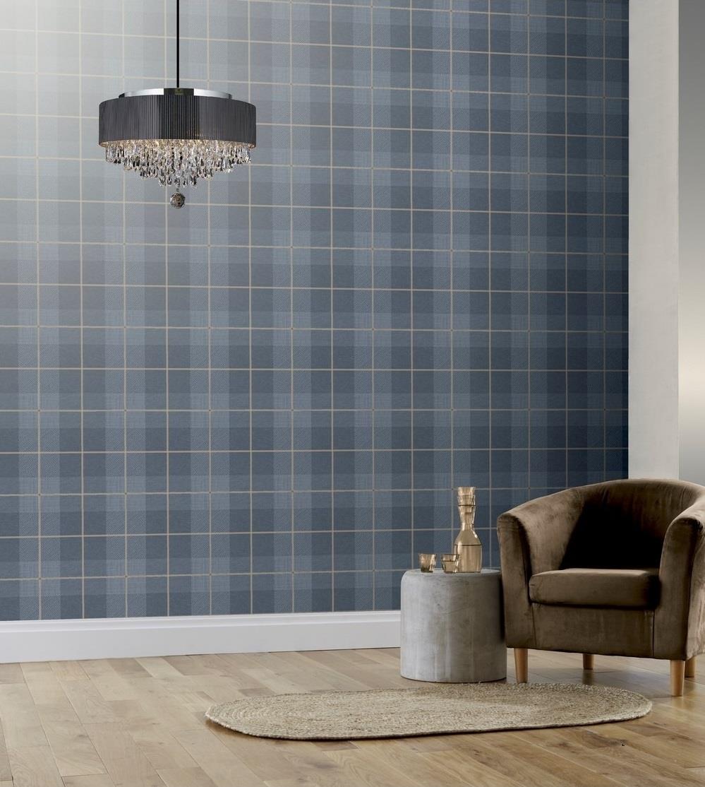 Taupe Blue Grey Charcoal Country Tartan Wallpaper Checked Vinyl Paste