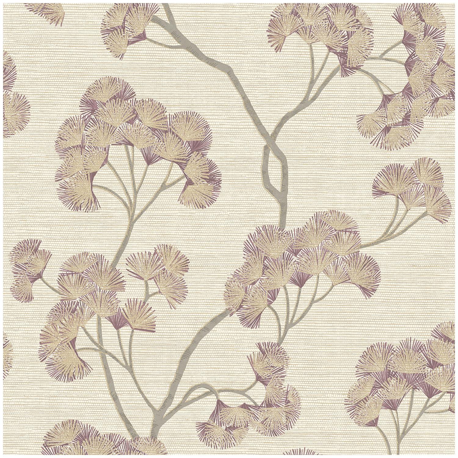 Ginkgo Leaf Wallpaper Cream Purple Grey Textured Vinyl Floral Feature Wall