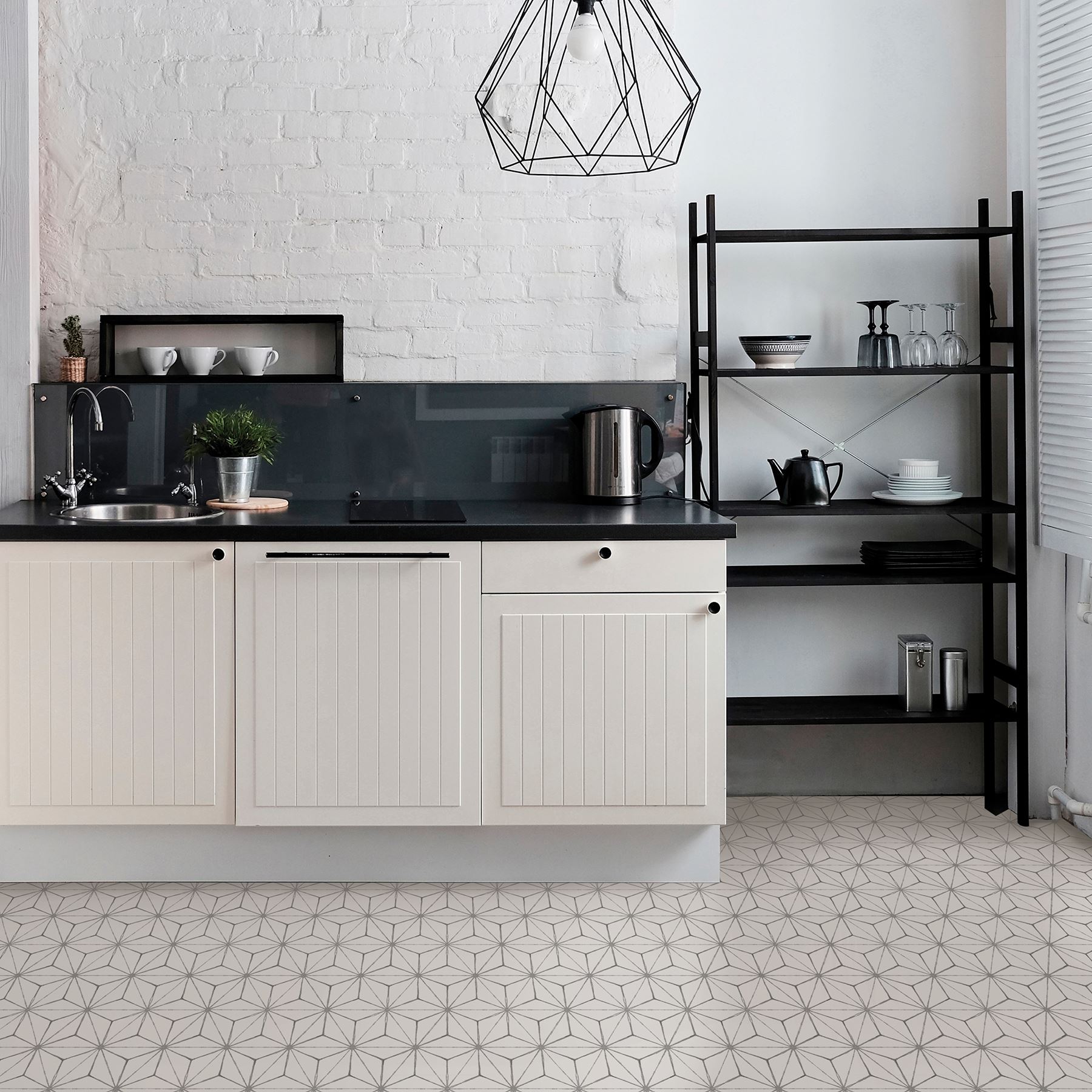 thumbnail interactive-video image 1 of FloorPops Kikko Peel & Stick Vinyl Floor Tiles – White Grey Pattern, 10 Pack 1 of 3