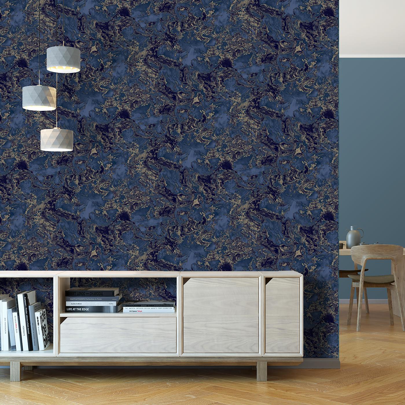 Liquid Marble Effect Wallpaper Debona Metallic Glitter Navy Blue Gold