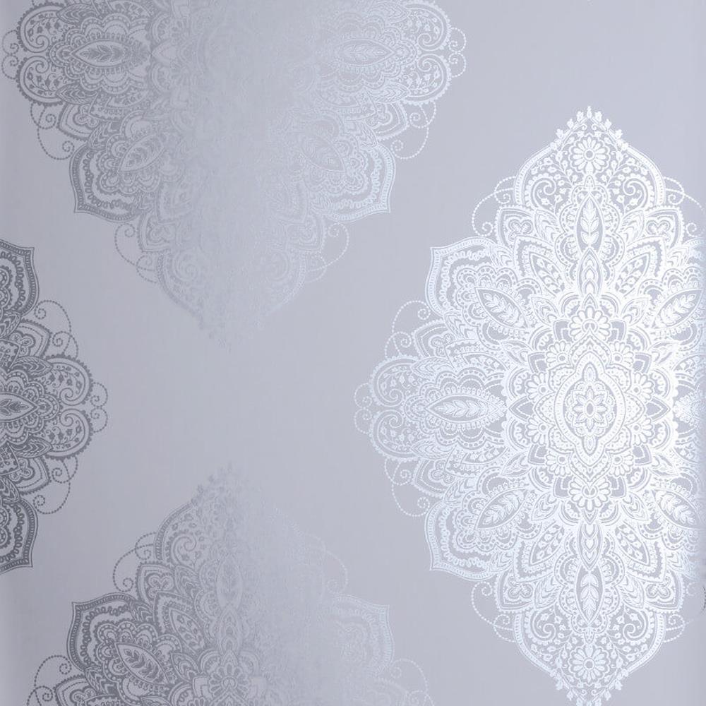 Henna Grey Silver Damask Wallpaper Metallic Shimmer Ornamental Feature
