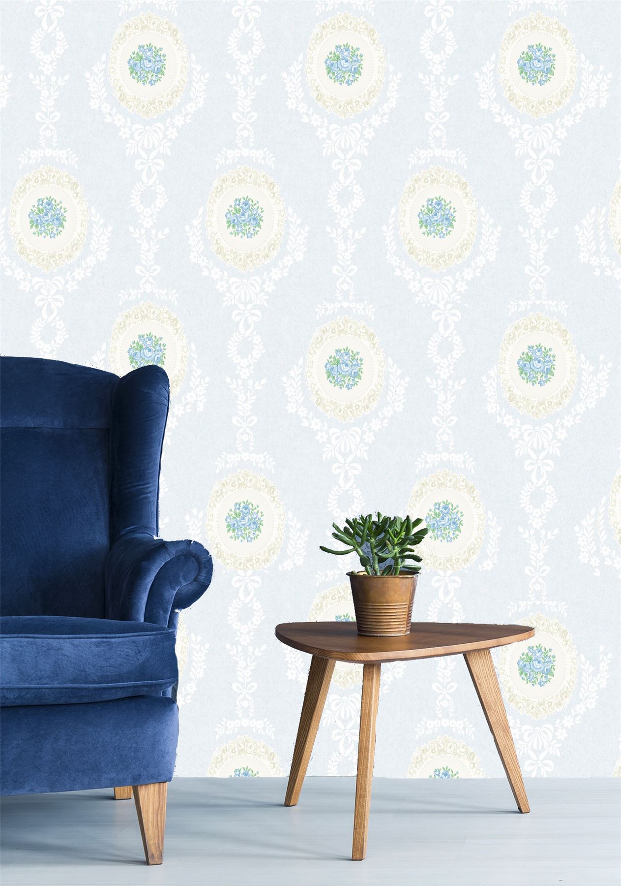 Blue Flower floral wallpaper metallic mica shimmer country