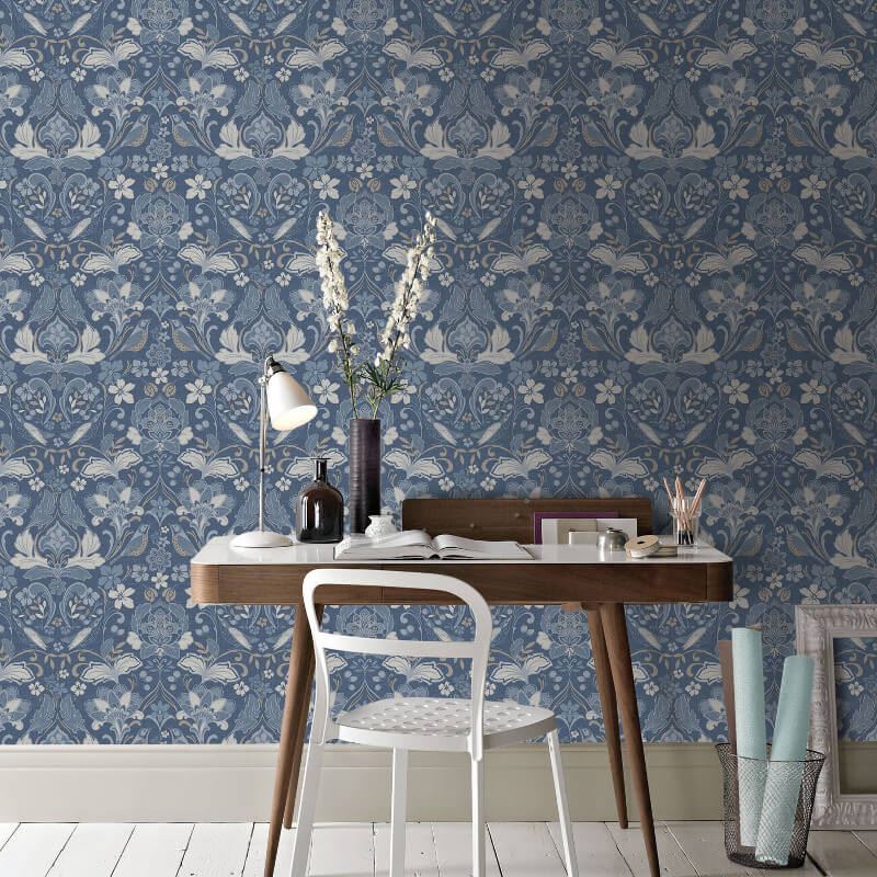 Arthouse Folk Floral Denim Blue Wallpaper Flower Botanical Animal Print