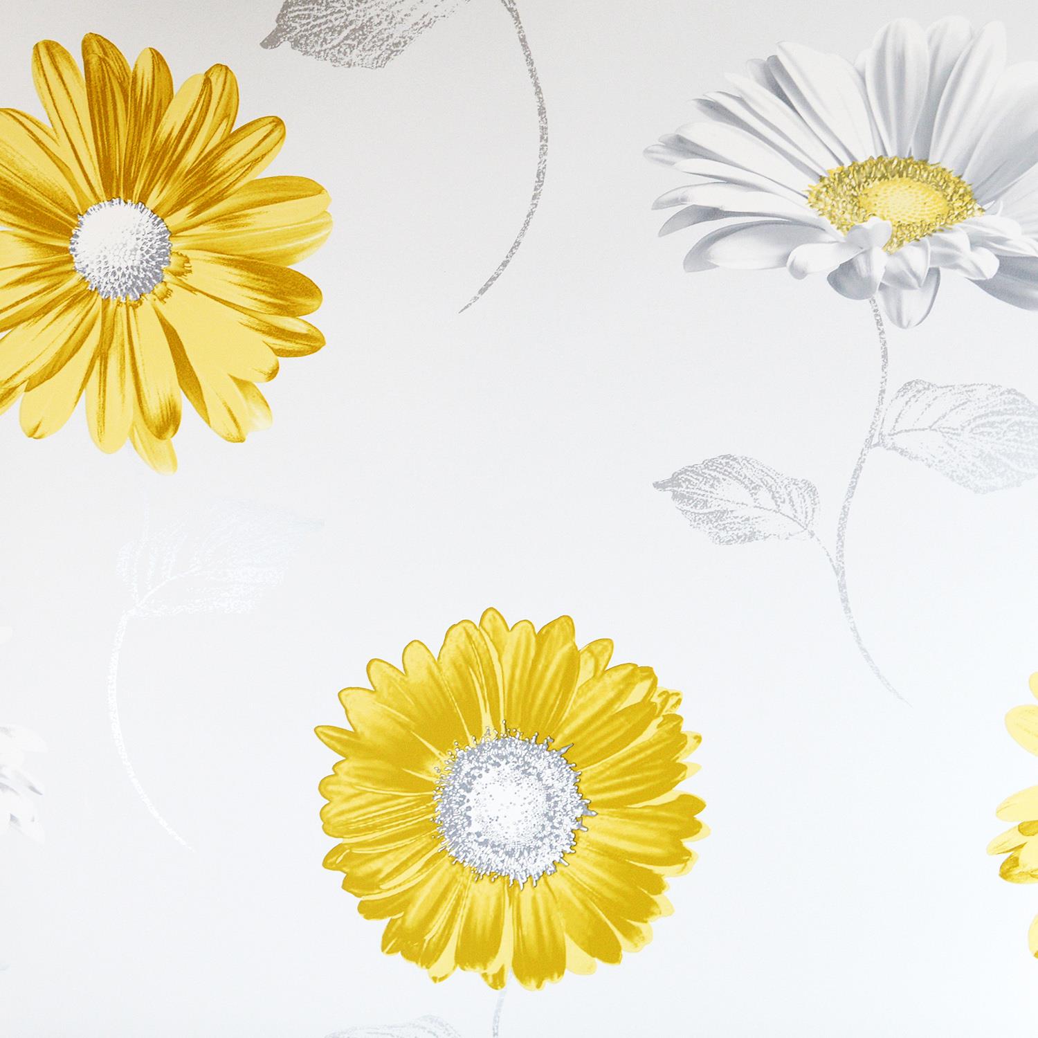 Daisy Floral Wallpaper Grey Ochre Silver Flowers Metallic Smooth Finish