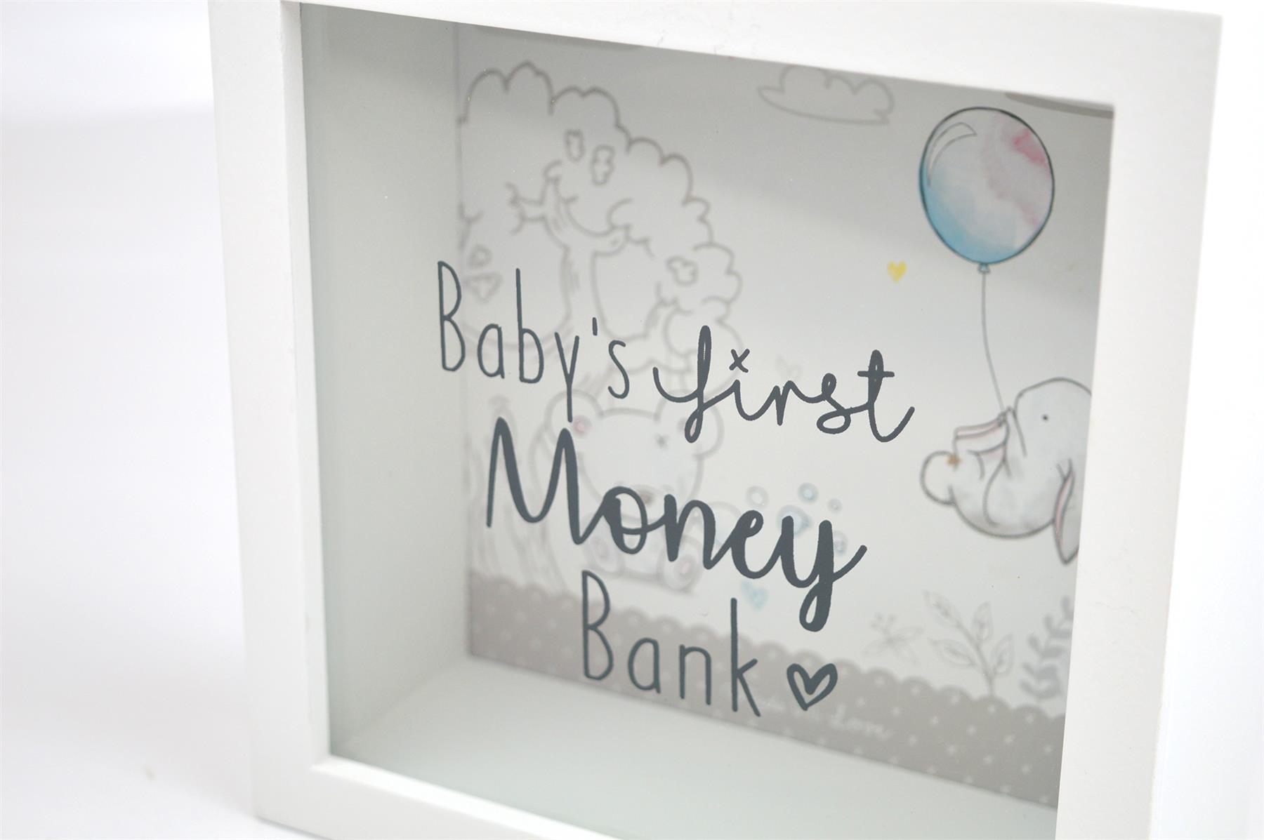 Baby First Money Bank Piggy Box Glass Wood Bunny Animals Quote White Unisex