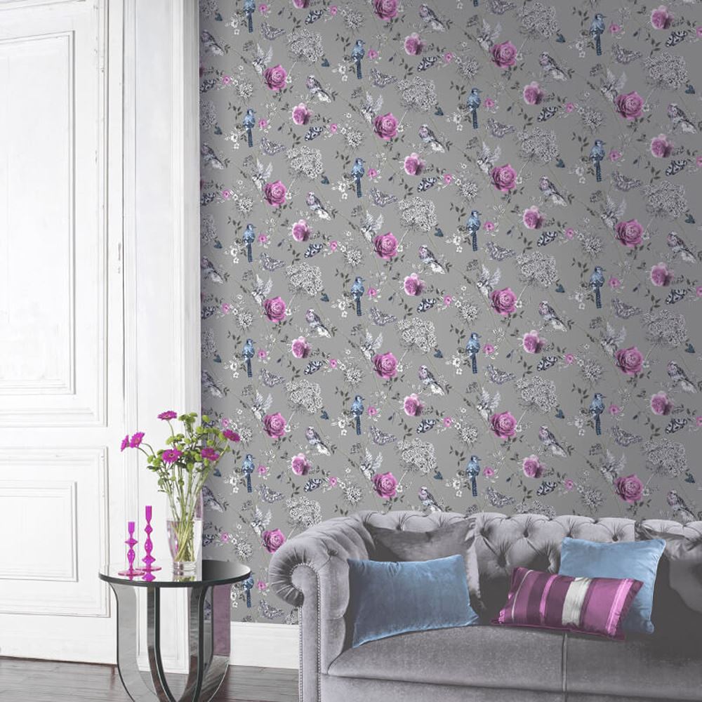 Arthouse Garden Birds Silver Floral Wallpaper Metallic Glitter Feature