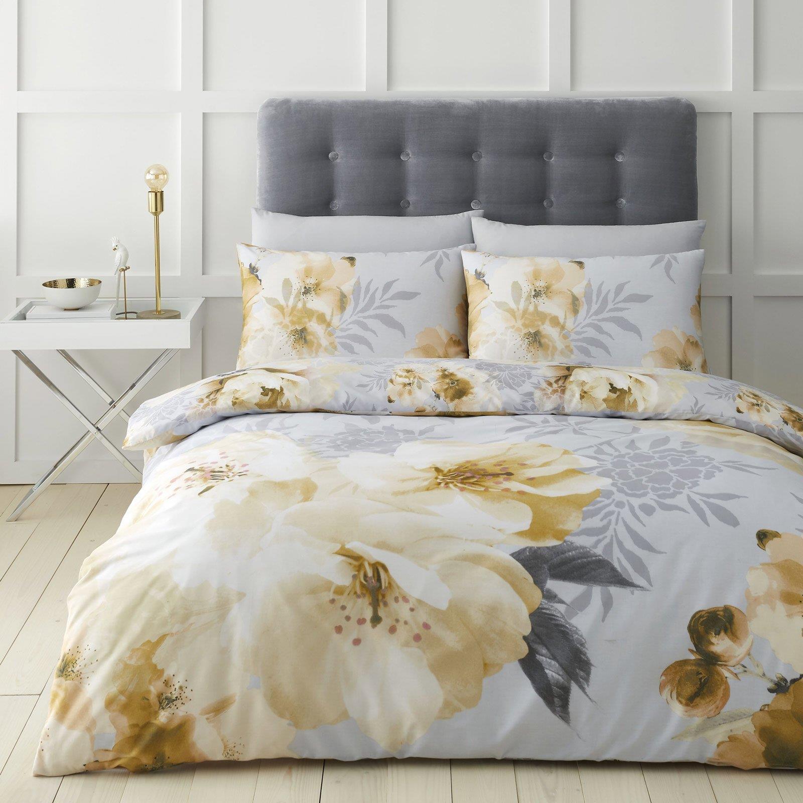 Catherine Lansfield Dramatic Floral Quilt Cover Duvet Bedding Set Ochre