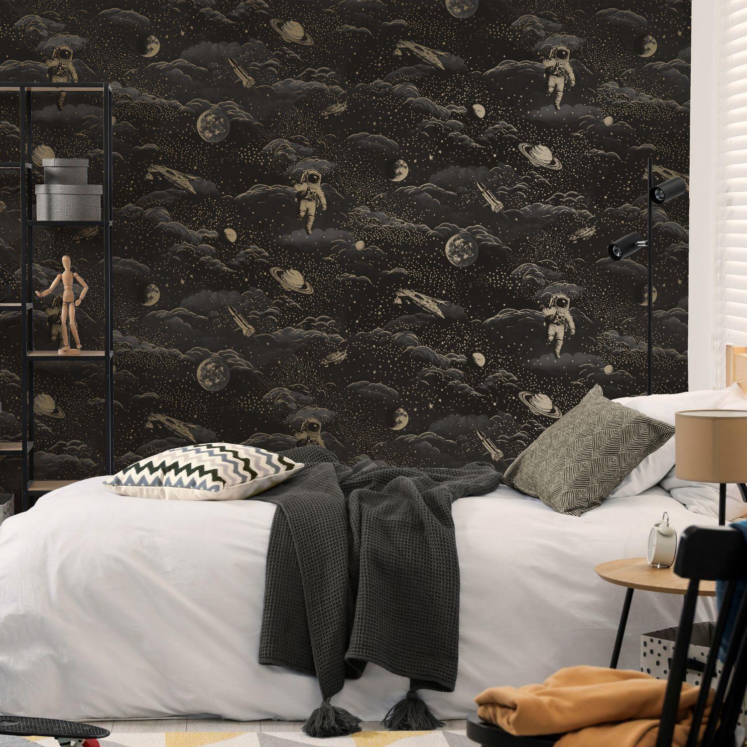 Lost In Space Black Gold Blue Silver Wallpaper Washable Kids Room Toy Room - Picture 4 of 14
