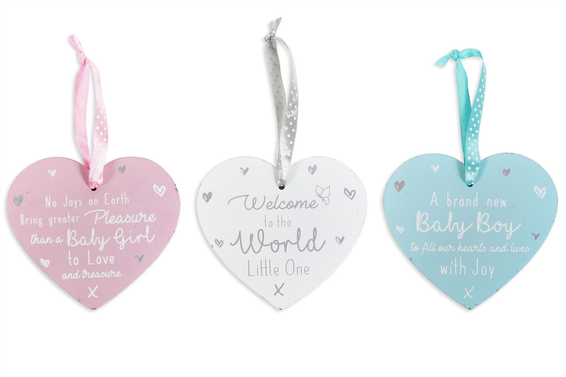 NEW BABY BOYS //GIRLS HEART SHAPED HANGING WALL DOOR PLAQUE GIFT BLUE WHITE PINK