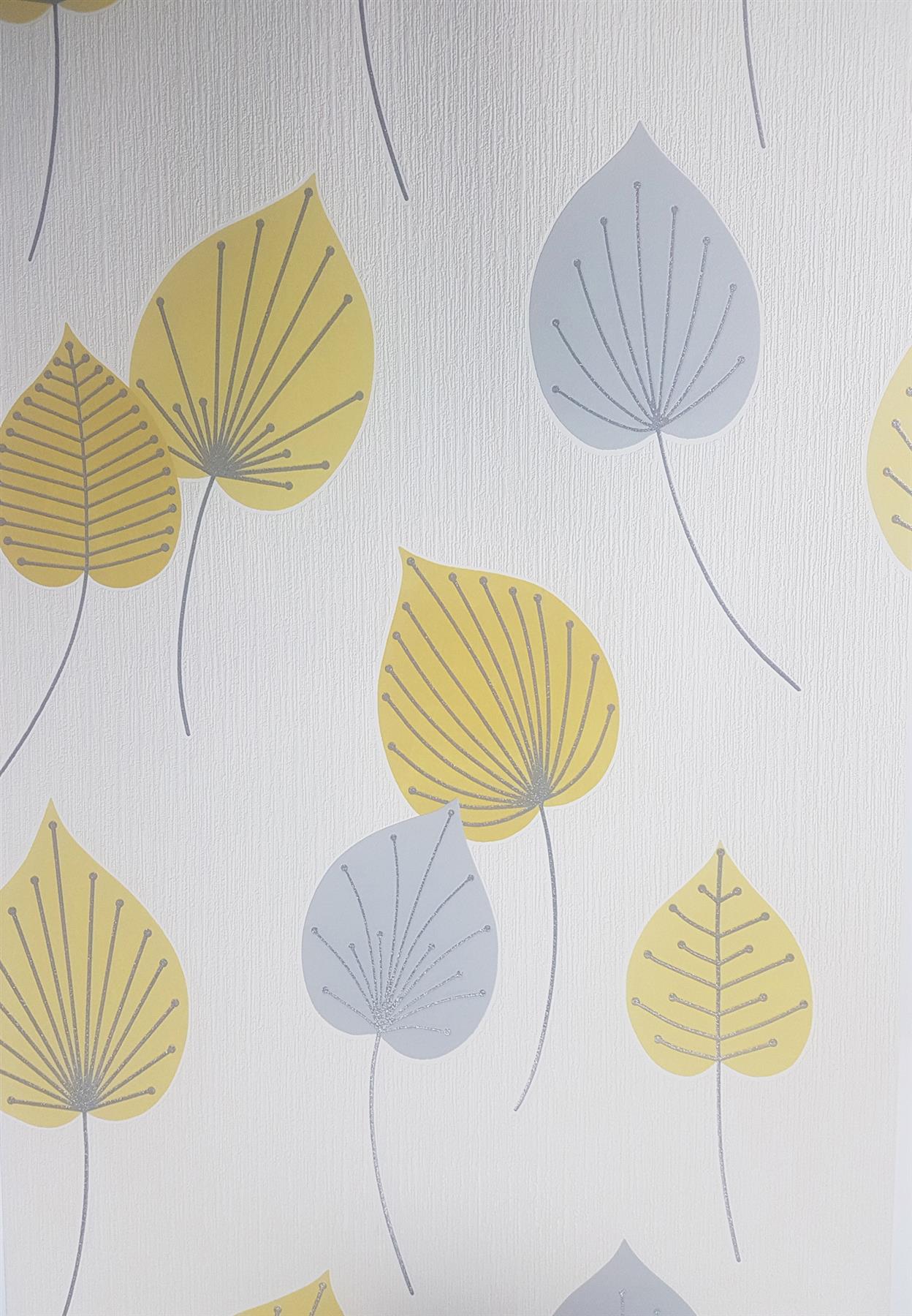 Yellow Grey White Leaf Wallpaper Glitter Floral Textured Embossed Rasch