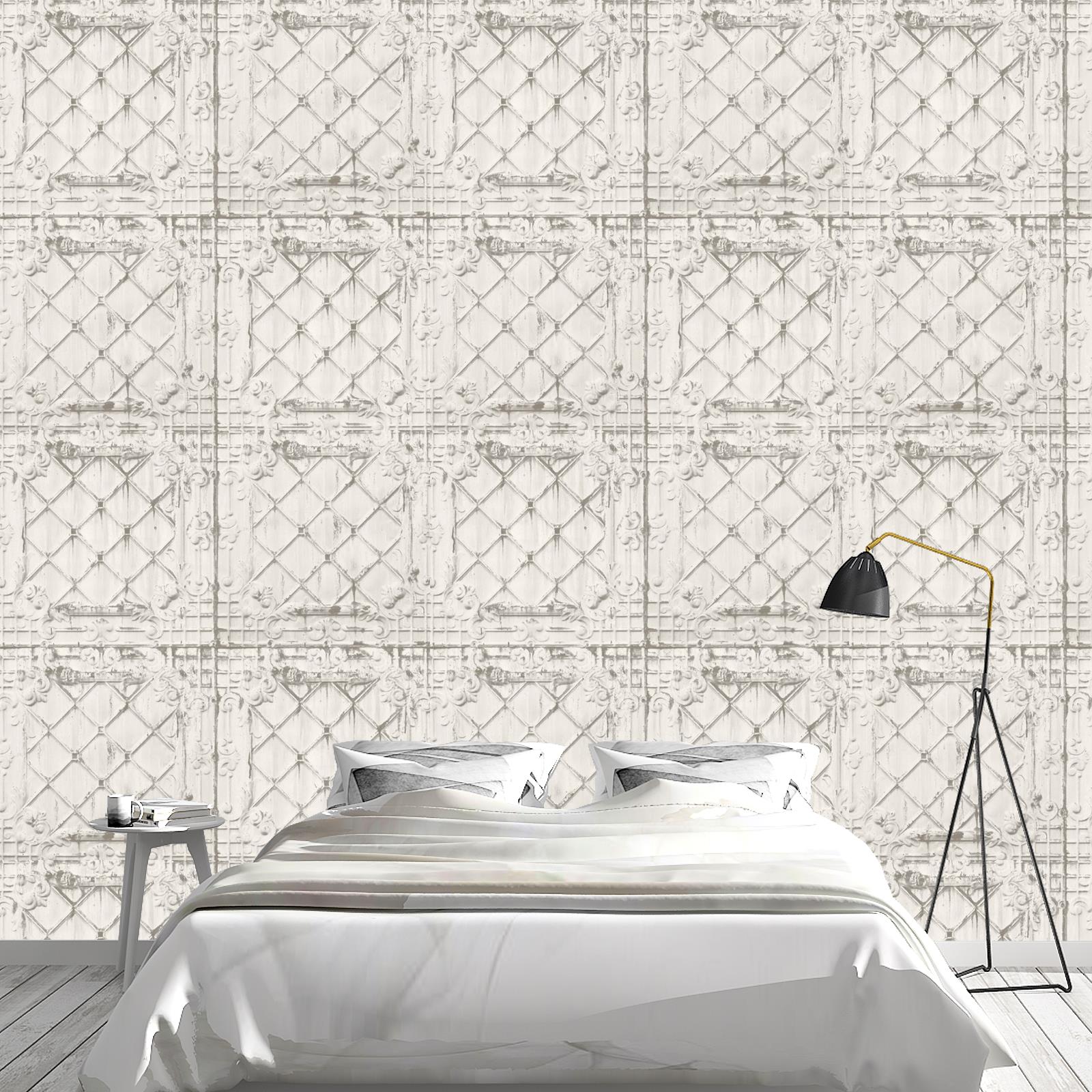 Ornamental Weathered Tin Tile Wallpaper Cream Paste The Wall Textured Vinyl 5415058034511 eBay