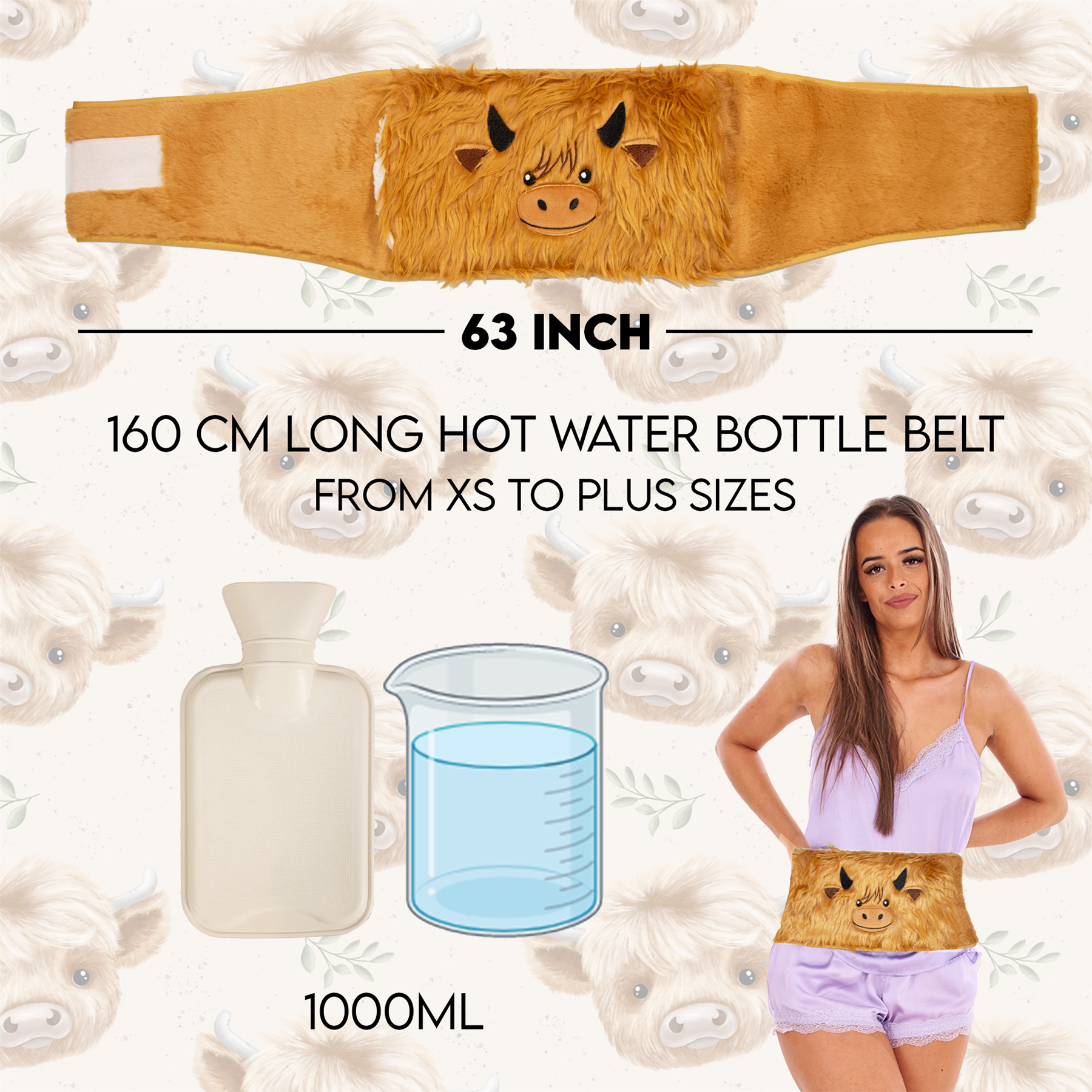 Wearable Hot Water Bottle Belt Plus Size 160cm - Period Pain Relief Warm Plush - Picture 3 of 16