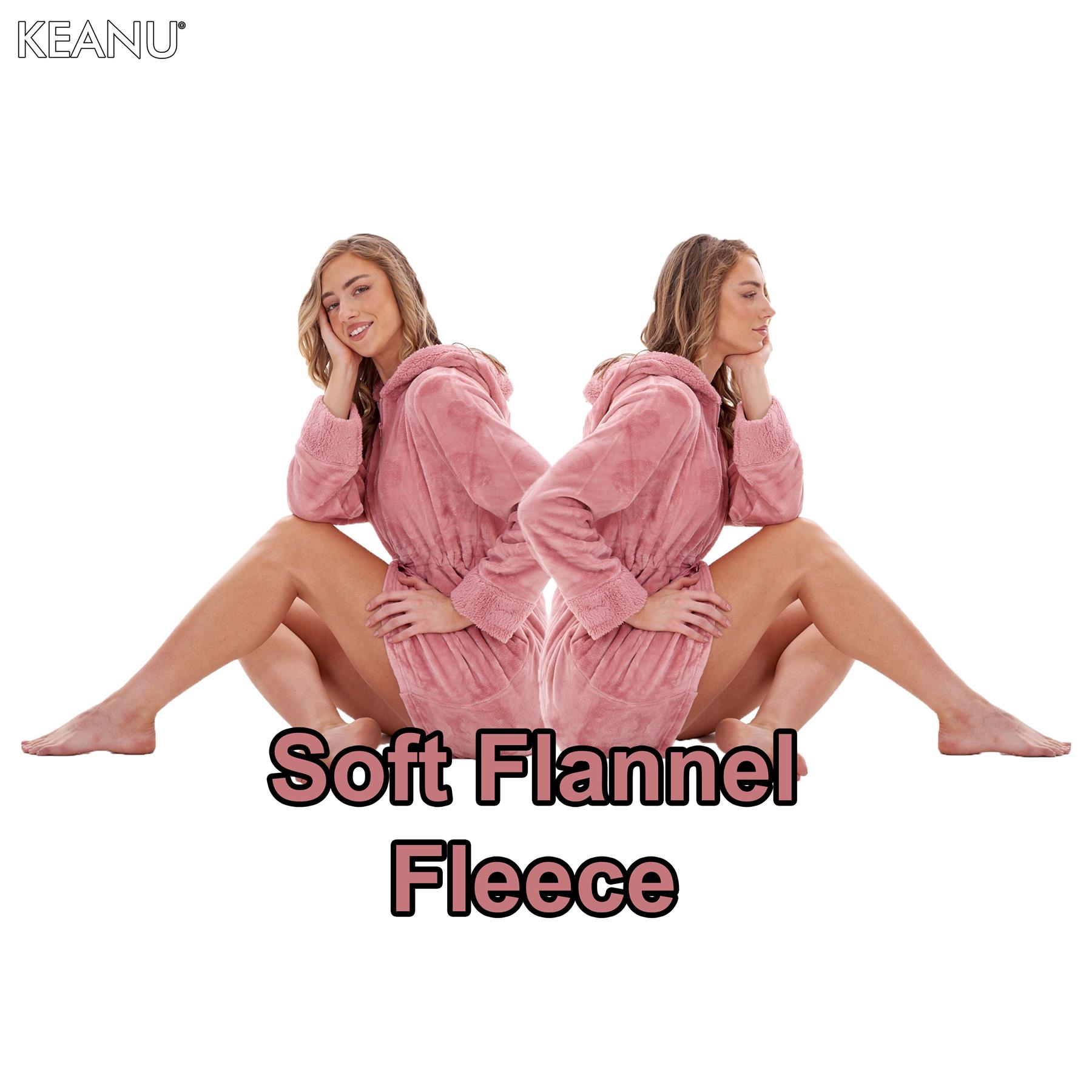 Ladies Soft Luxury Flannel Fleece Zip Front Hooded Dressing Gown Robe Embossed - Picture 8 of 15