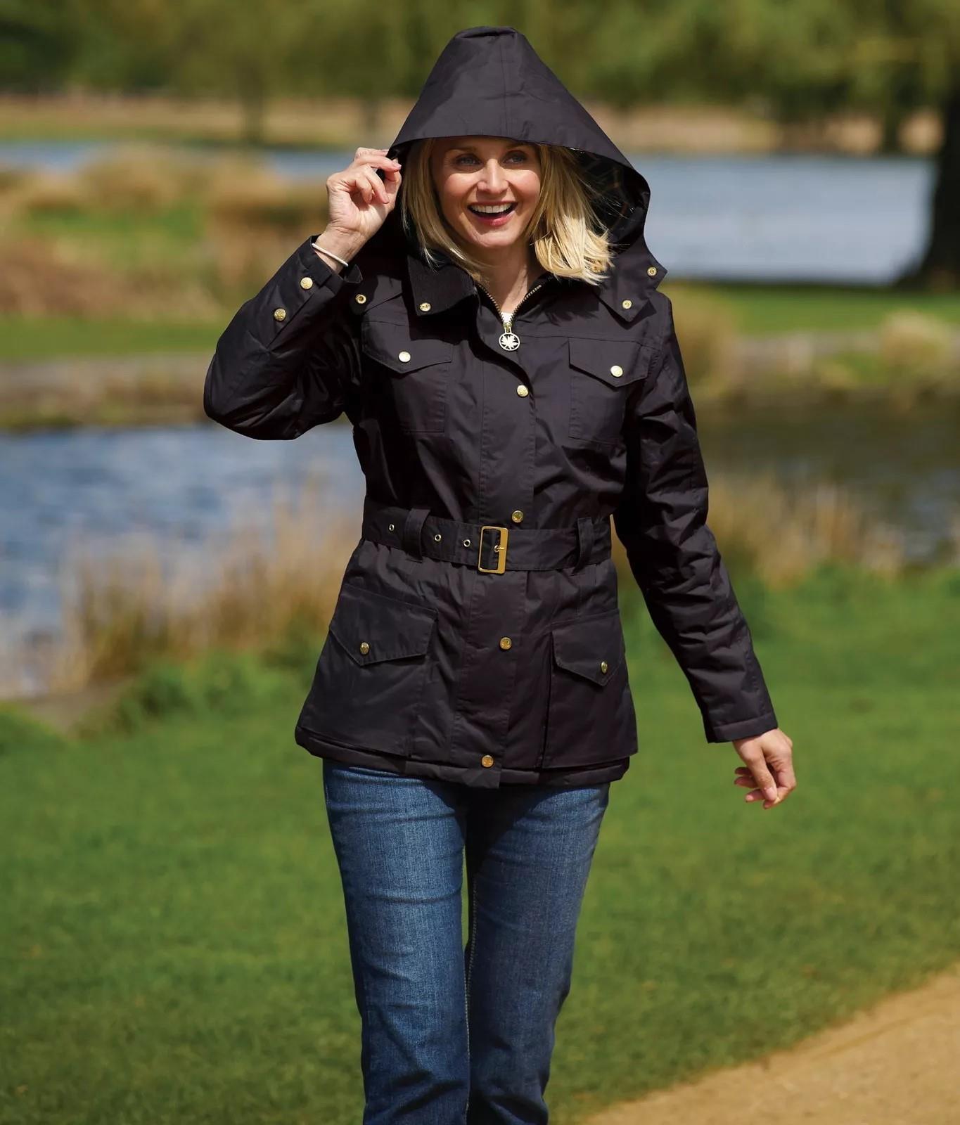 Ladies Braemar Jacket Waterproof Raincoats Country Estate Belt Zip Hood - Picture 2 of 5