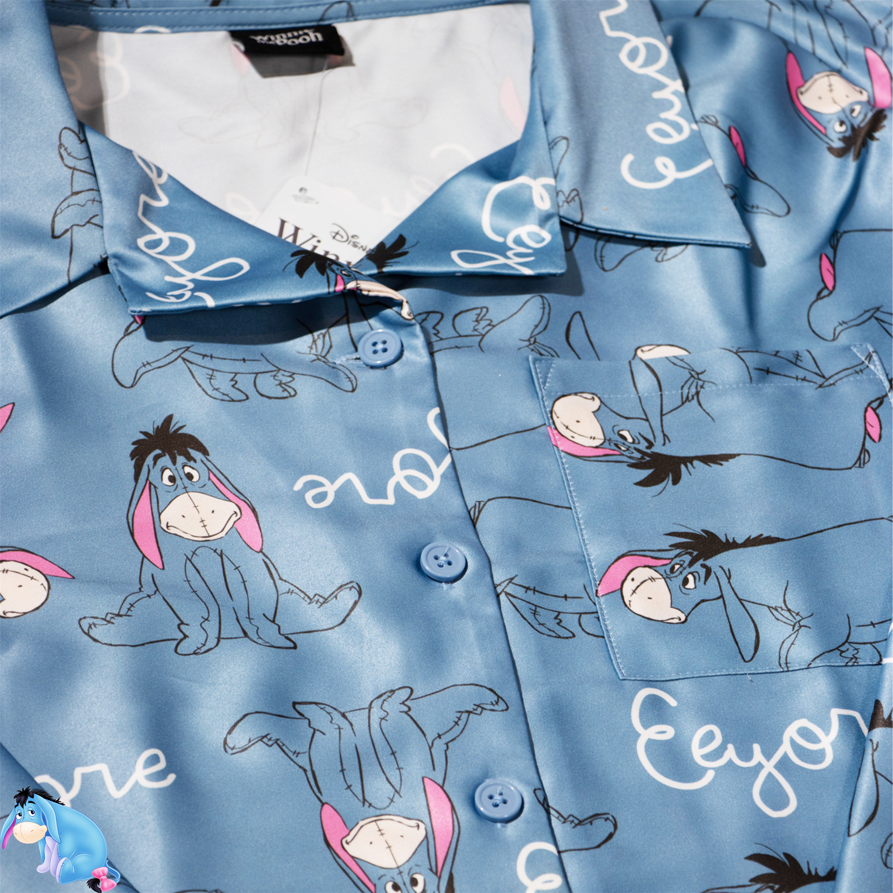 Damen/Mädchen Eeyore blau Satin Seide Knopfleiste Pyjama passend Mini Me - Bild 6 von 7