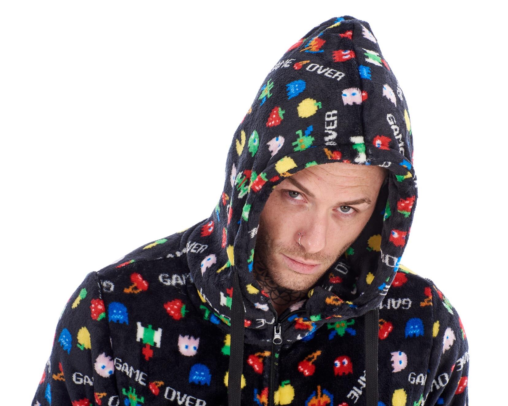 Mens Boys Luxury Flannel Fleece Matching Retro Games Hooded Gown Robe Onesee - Picture 33 of 75