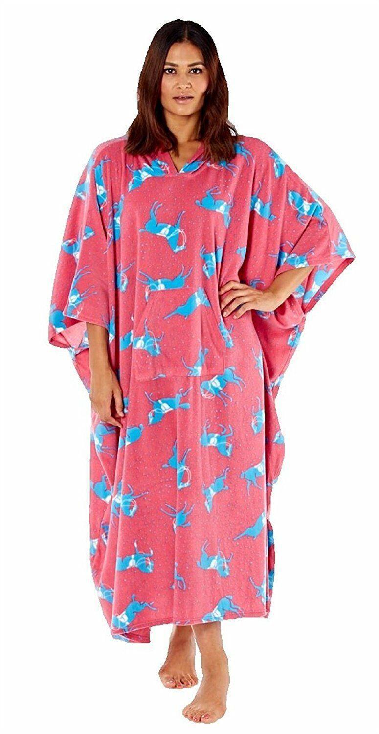 New Womens Hooded Full Length Soft Fleece All in One Poncho Blanket Bath Robe