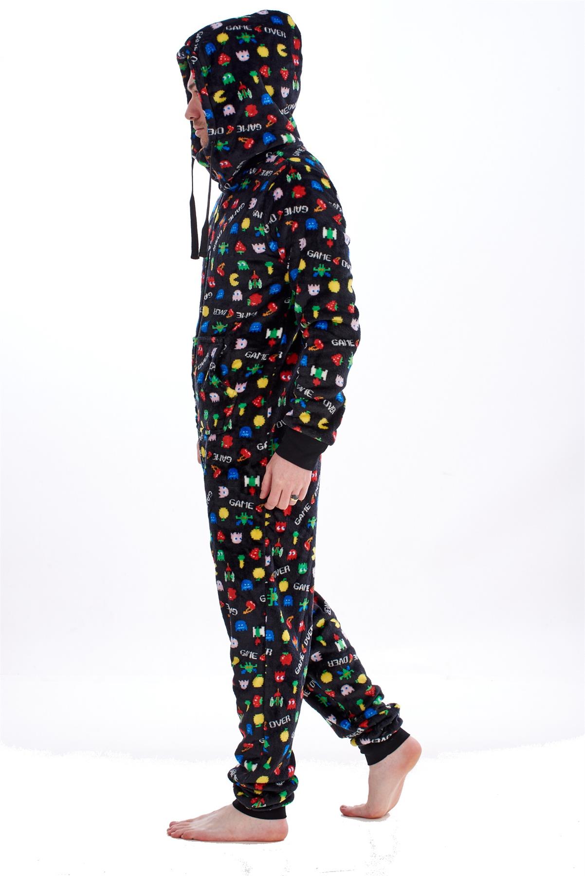 Mens Boys Luxury Flannel Fleece Matching Retro Games Hooded Gown Robe Onesee - Picture 60 of 75