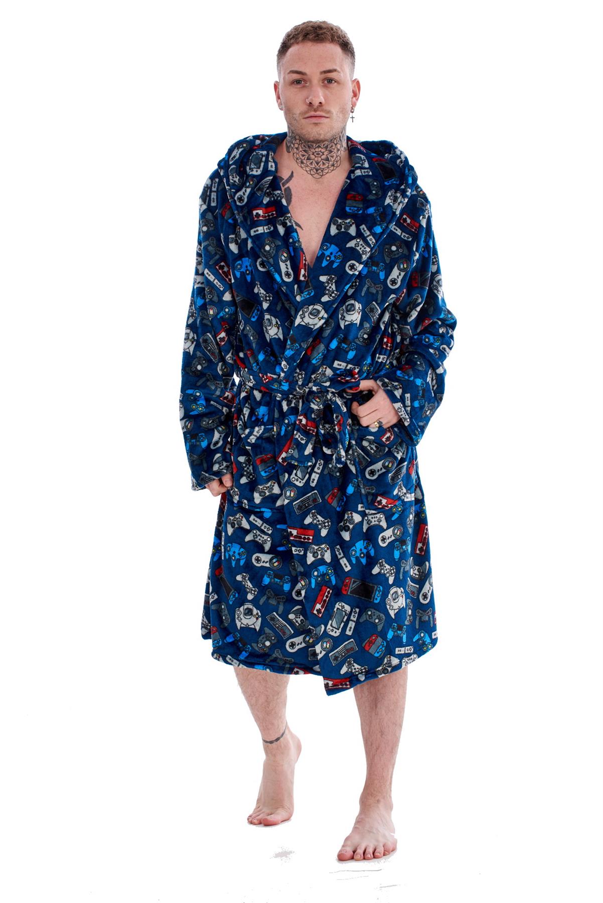 Mens Boys Luxury Flannel Fleece Matching Retro Games Hooded Gown Robe Onesee - Picture 35 of 75