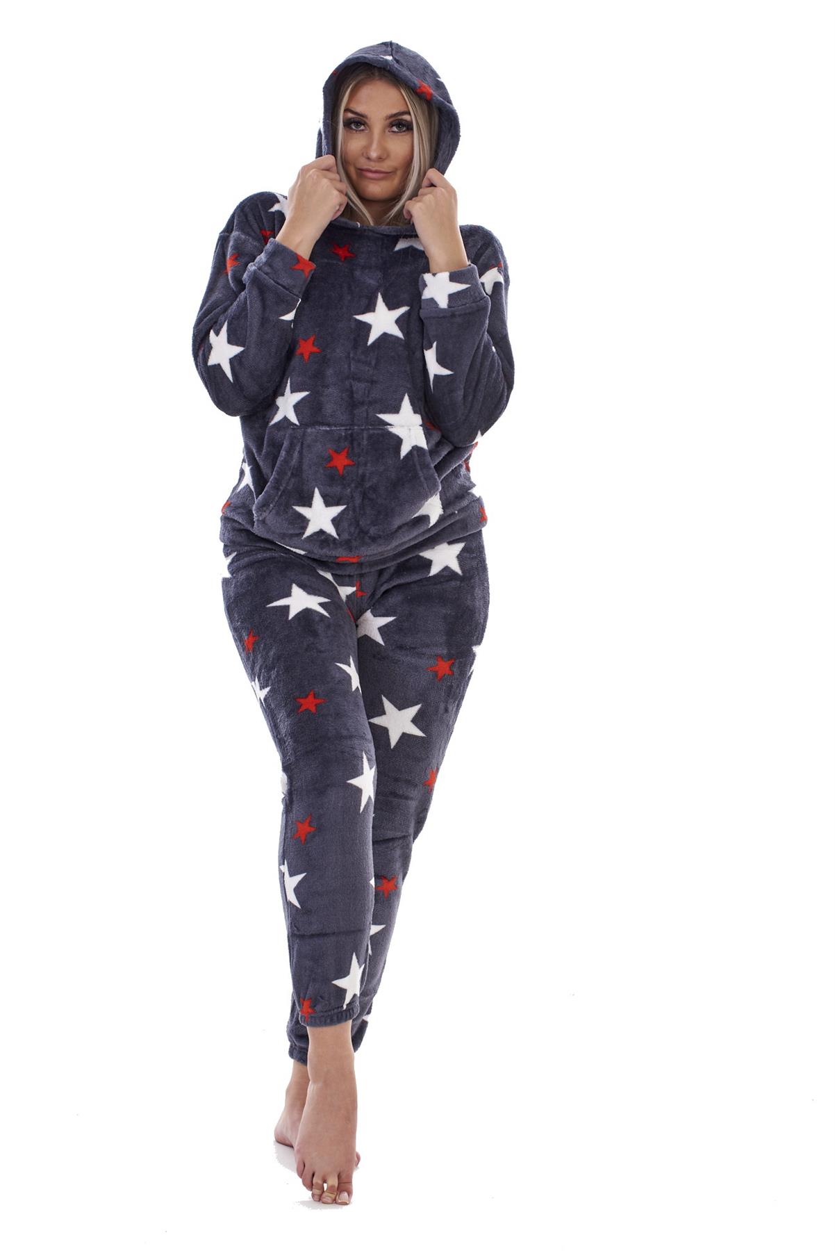 Ladies Supersoft Warm Flannel Fleece Hooded Pyjamas Twosie Lounge Wear Gift Set - Picture 50 of 79