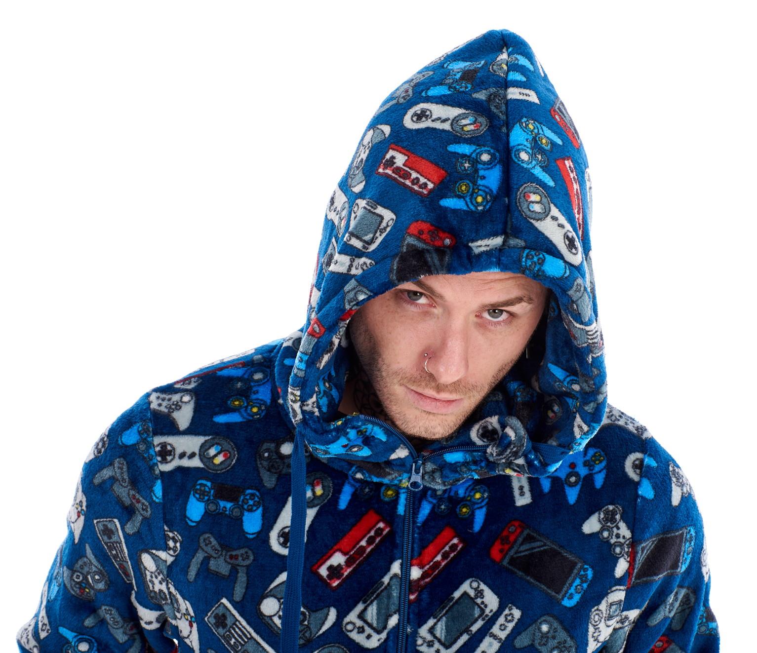 Mens Boys Luxury Flannel Fleece Matching Retro Games Hooded Gown Robe Onesee - Picture 18 of 75
