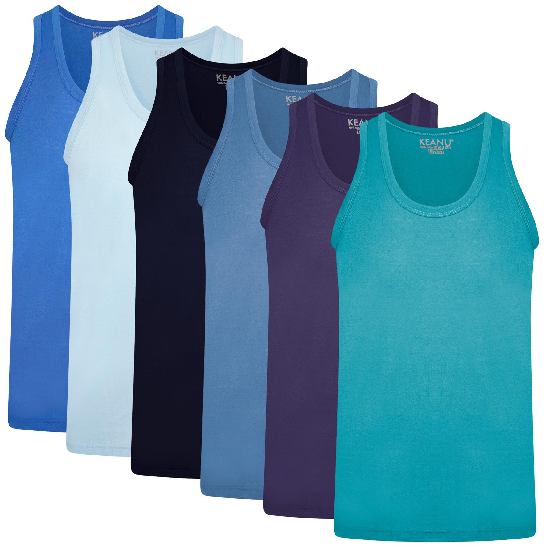Mens Keanu 6 Pack 100 Cool Cotton Vests Coloured Blue Black Grey White