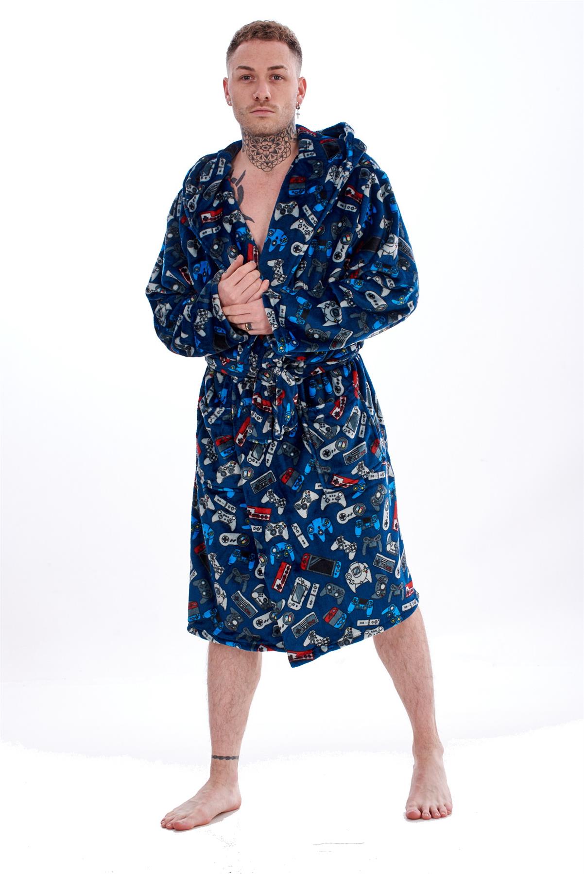 Mens Boys Luxury Flannel Fleece Matching Retro Games Hooded Gown Robe Onesee - Picture 36 of 75
