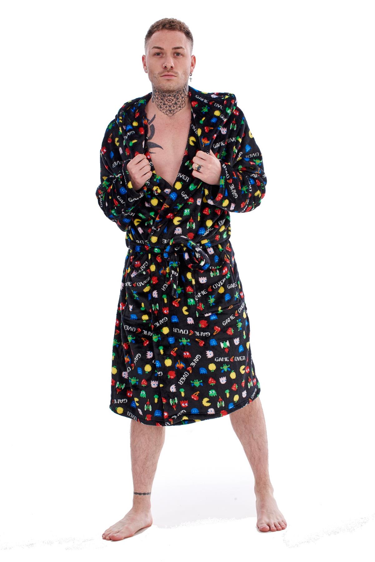 Mens Boys Luxury Flannel Fleece Matching Retro Games Hooded Gown Robe Onesee - Picture 22 of 75