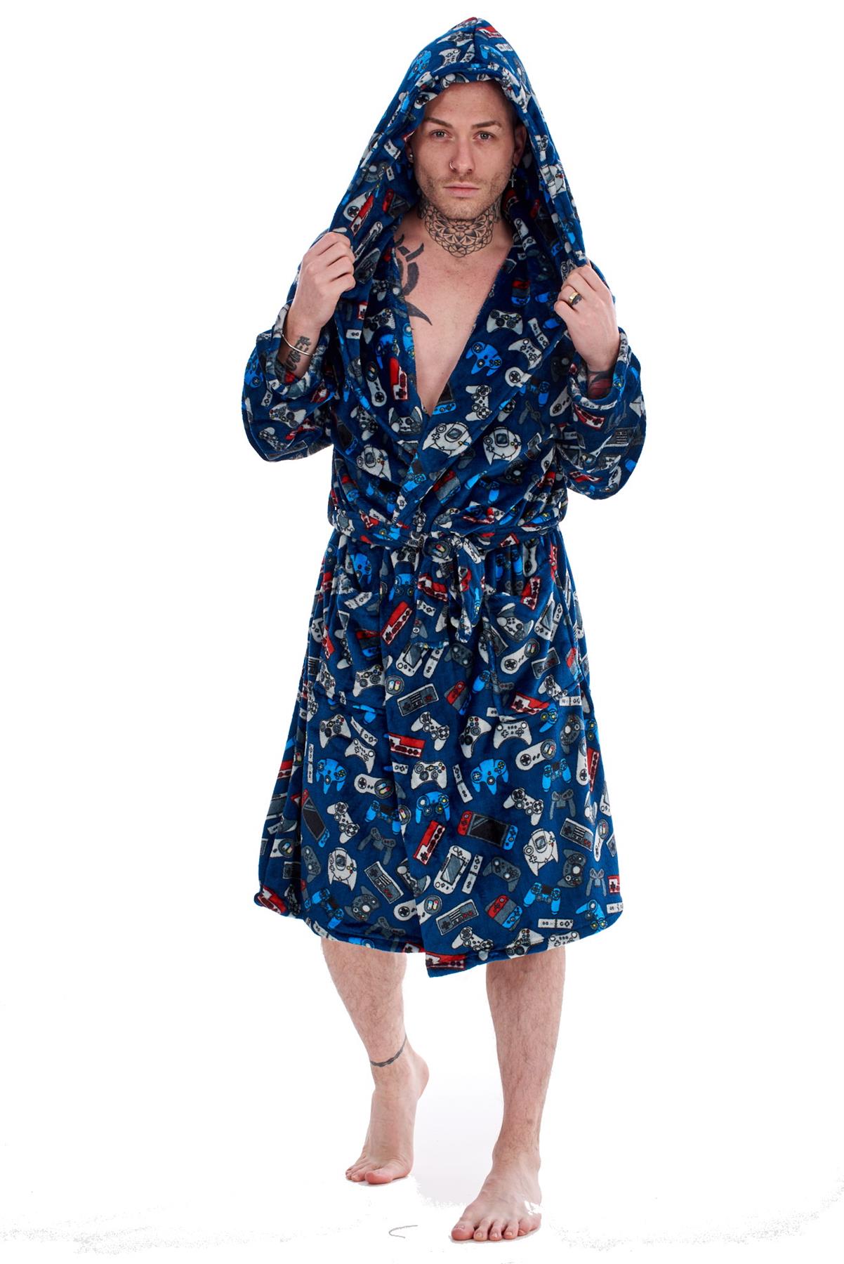 Mens Boys Luxury Flannel Fleece Matching Retro Games Hooded Gown Robe Onesee - Picture 6 of 75
