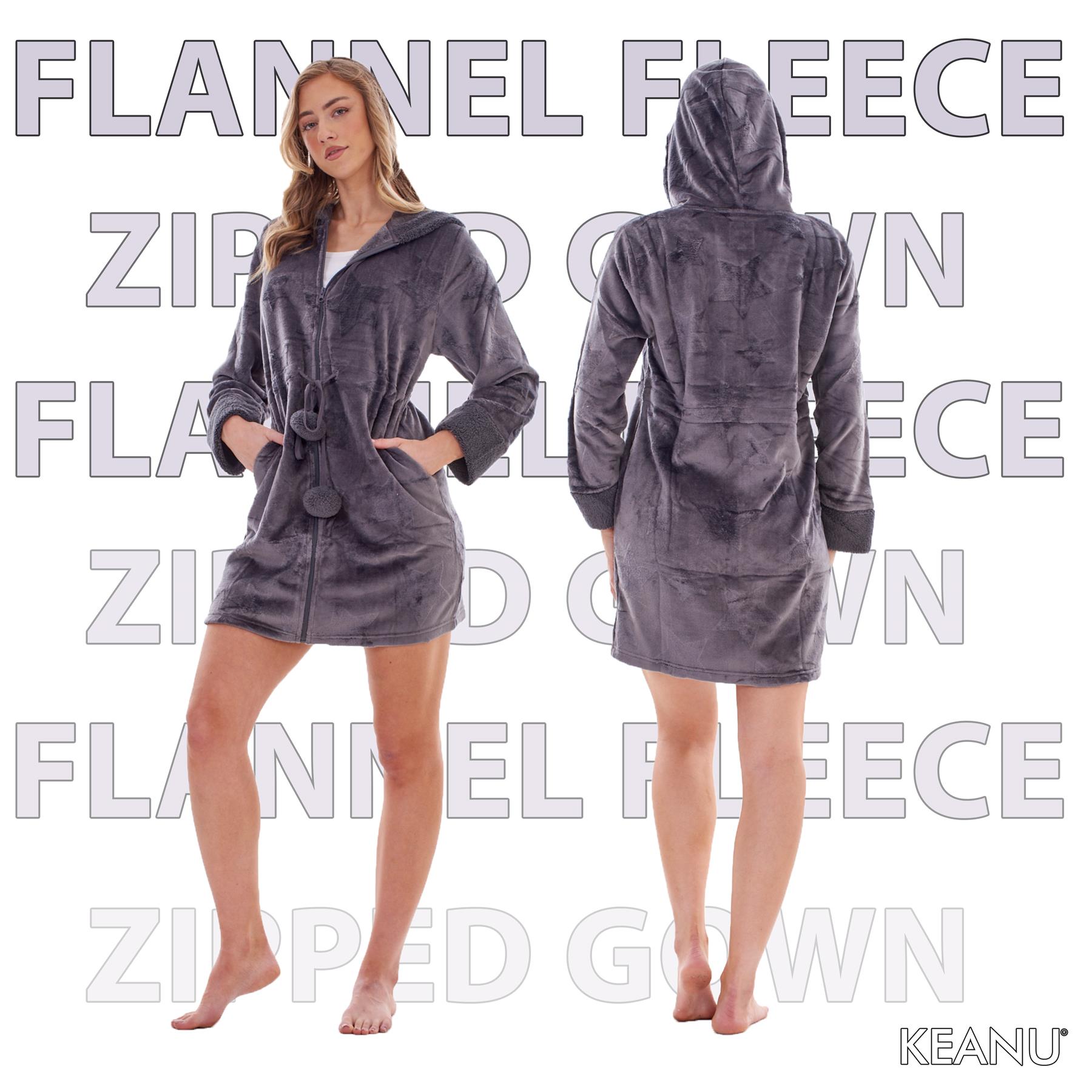 Ladies Soft Luxury Flannel Fleece Zip Front Hooded Dressing Gown Robe Embossed - Picture 11 of 15