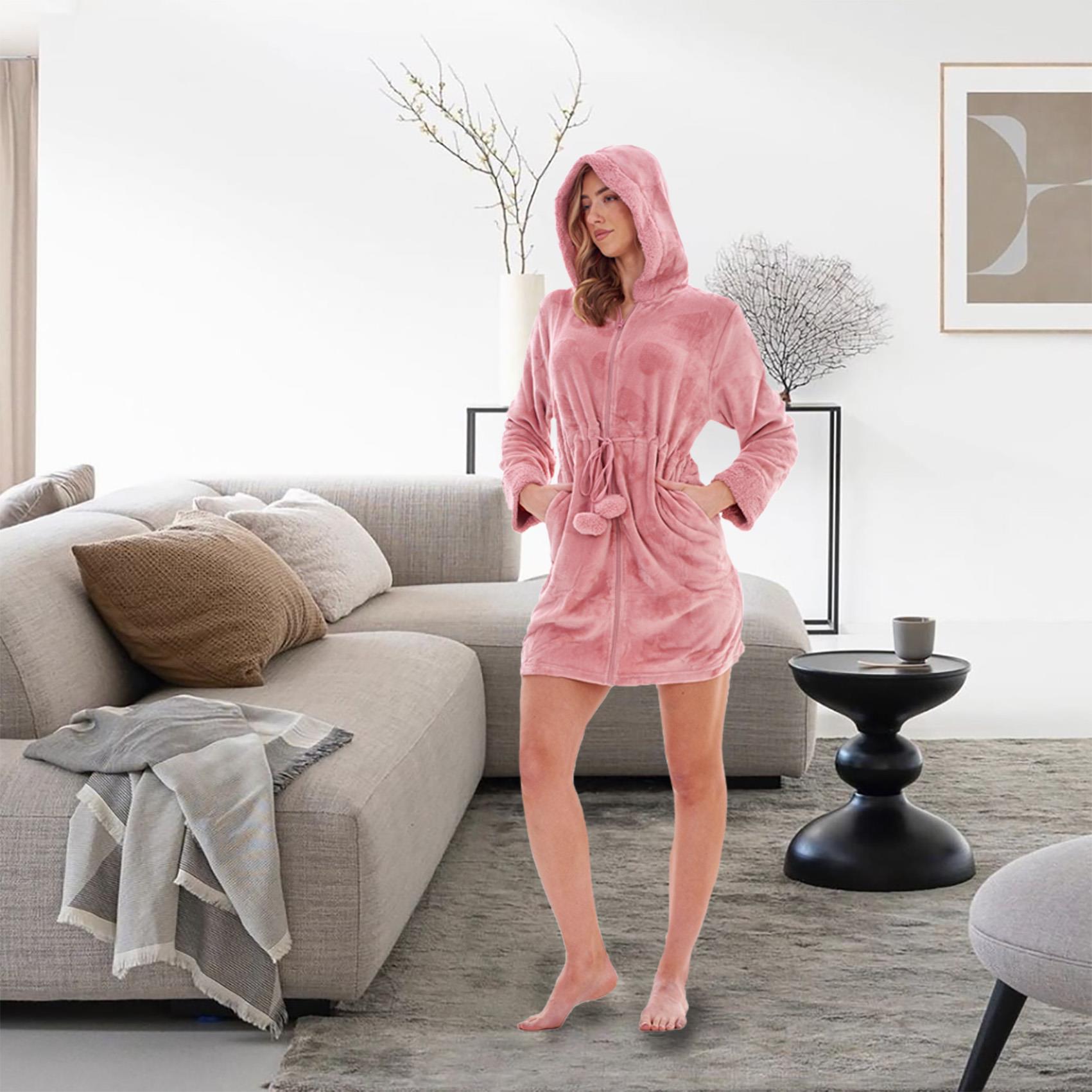 Ladies Soft Luxury Flannel Fleece Zip Front Hooded Dressing Gown Robe Embossed - Picture 6 of 15
