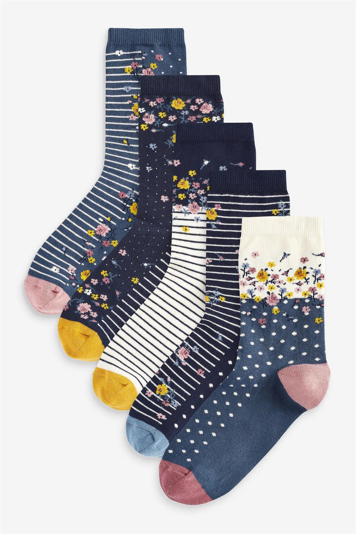 Ladies Ex Store 10 Pack Cotton Rich Purista Floral Spots Stripe Socks One Size - Picture 2 of 9