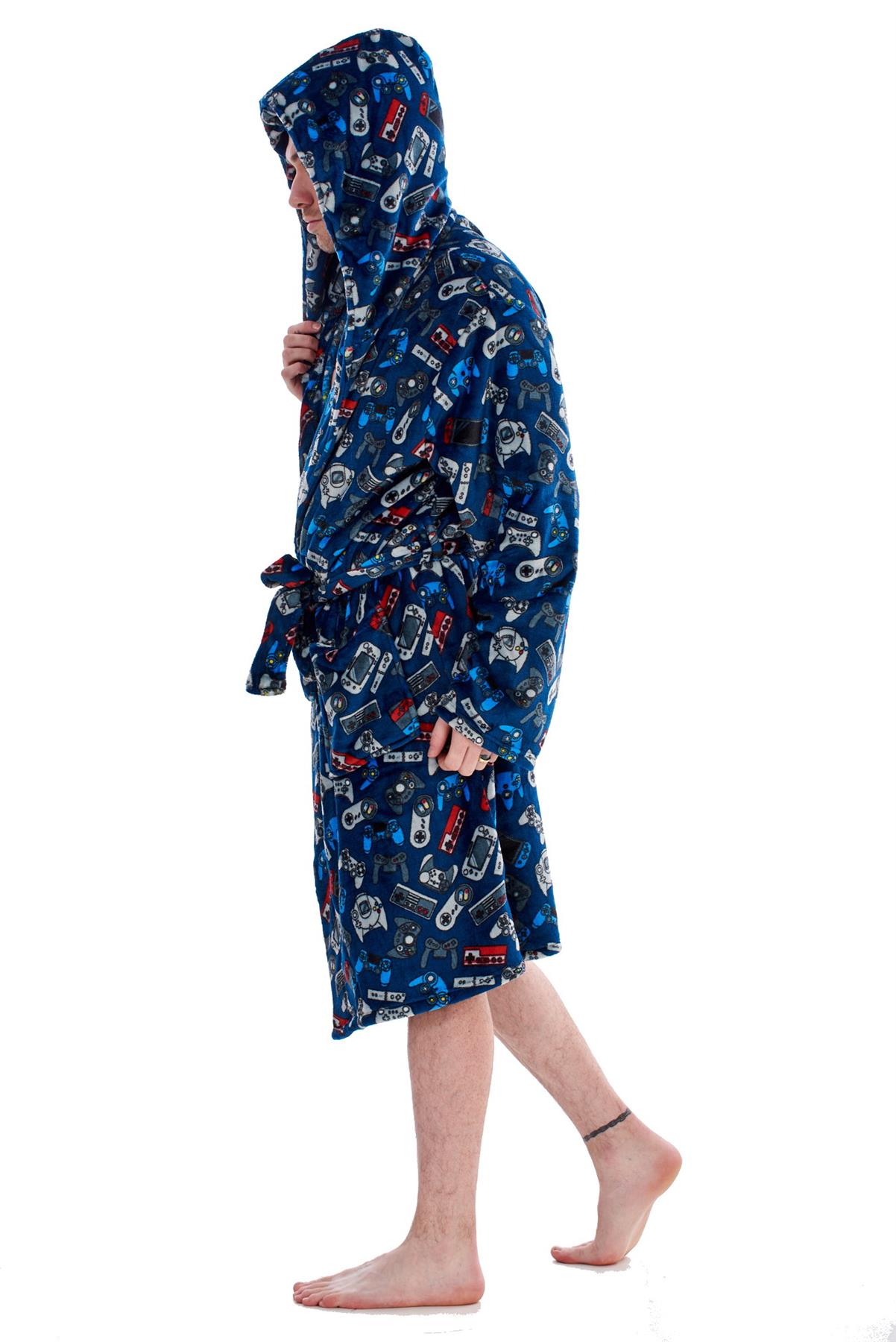 Mens Boys Luxury Flannel Fleece Matching Retro Games Hooded Gown Robe Onesee - Picture 37 of 75