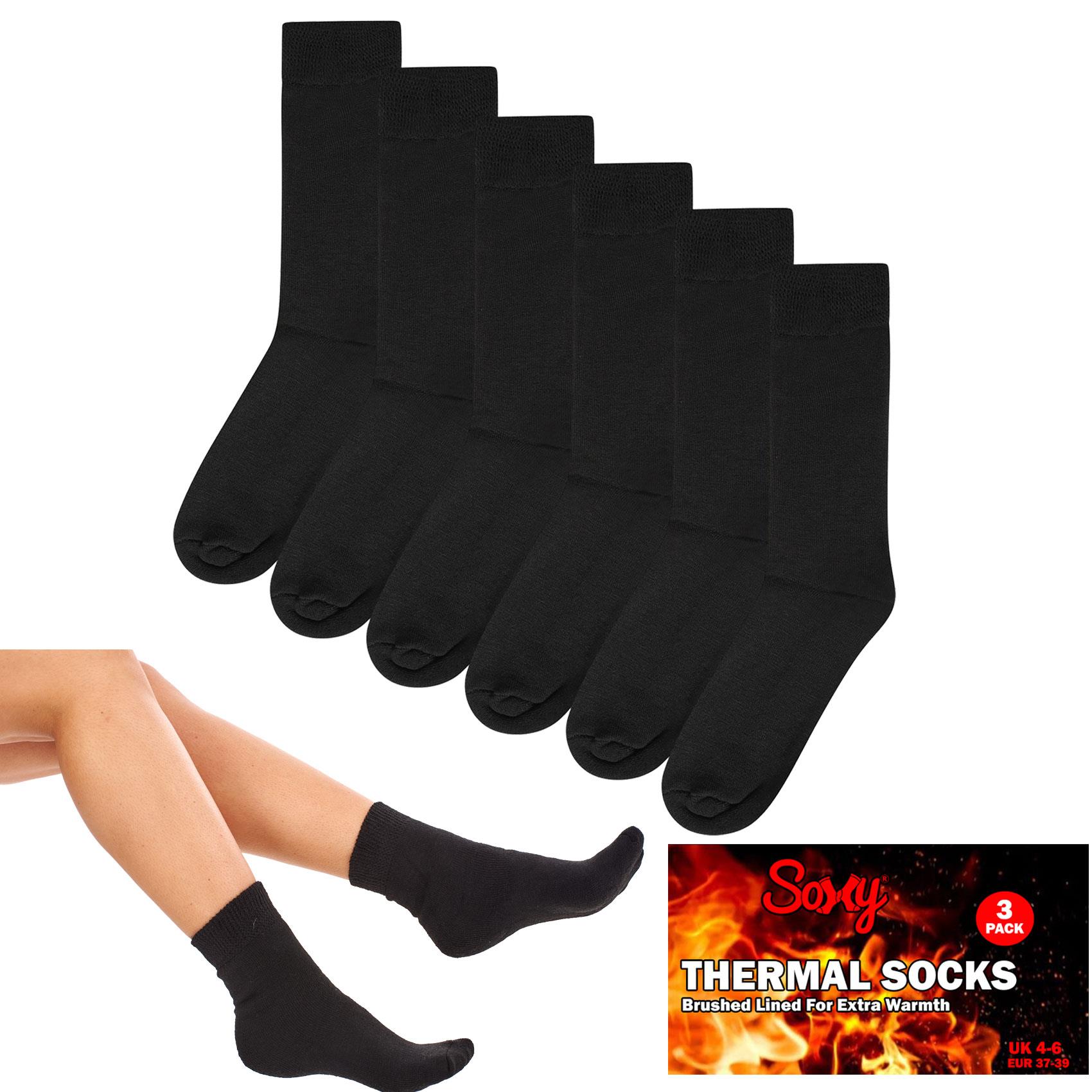 Kids Ladies 6 Pack Thick Warm Comfy Brushed Lined Black Thermal Winter Socks - Picture 3 of 7