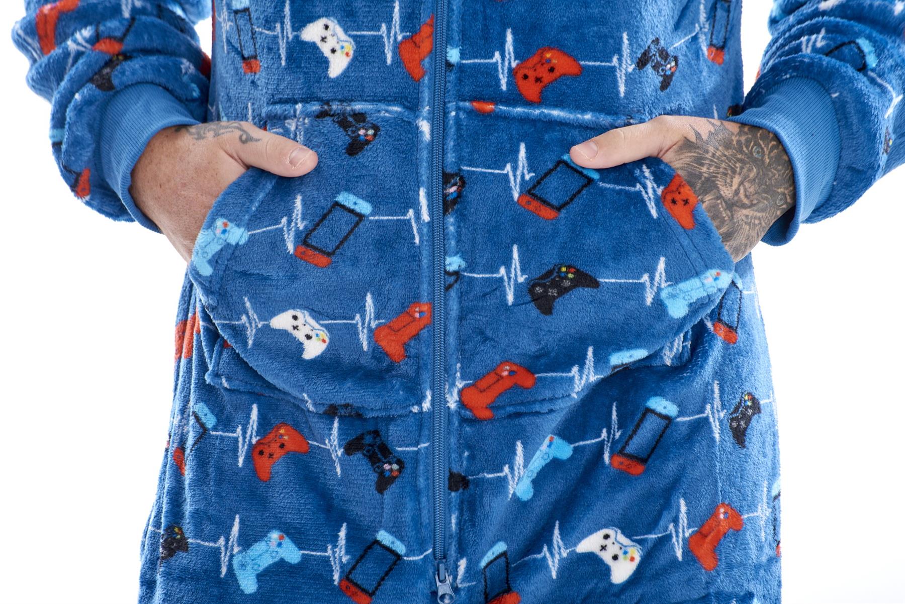 Mens Boys Luxury Flannel Fleece Matching Retro Games Hooded Gown Robe Onesee - Picture 68 of 75