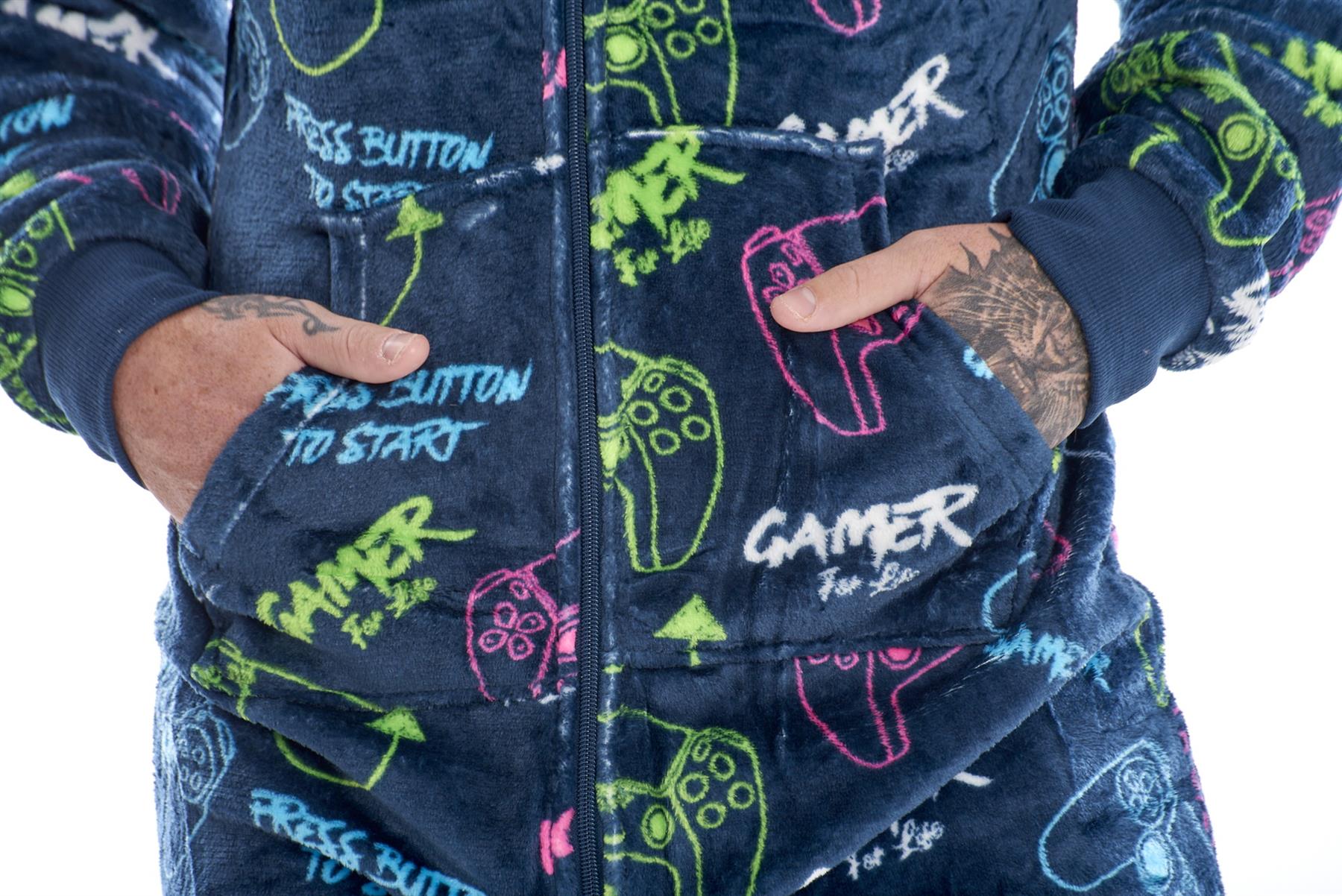 Mens Boys Luxury Flannel Fleece Matching Retro Games Hooded Gown Robe Onesee - Picture 71 of 75