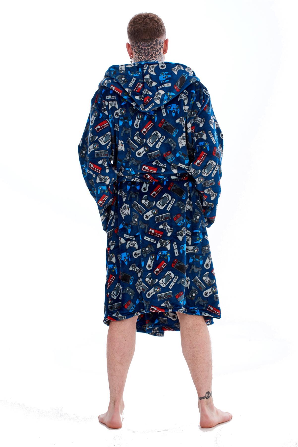 Mens Boys Luxury Flannel Fleece Matching Retro Games Hooded Gown Robe Onesee - Picture 38 of 75
