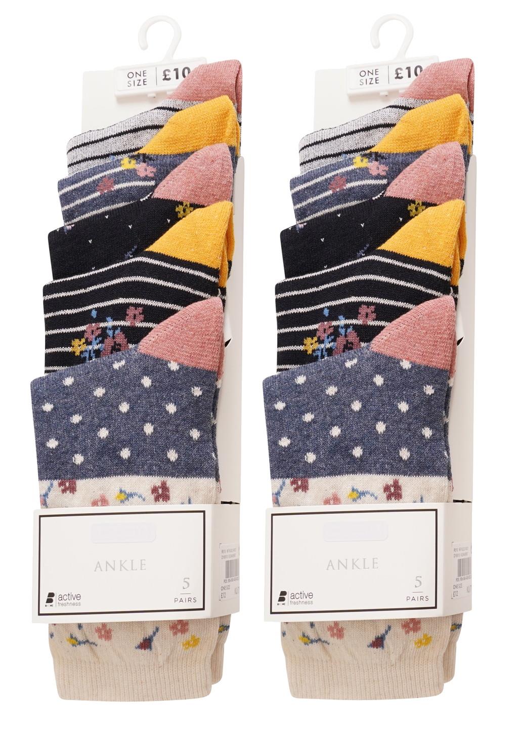 Ladies Ex Store 10 Pack Cotton Rich Purista Floral Spots Stripe Socks One Size - Picture 3 of 9
