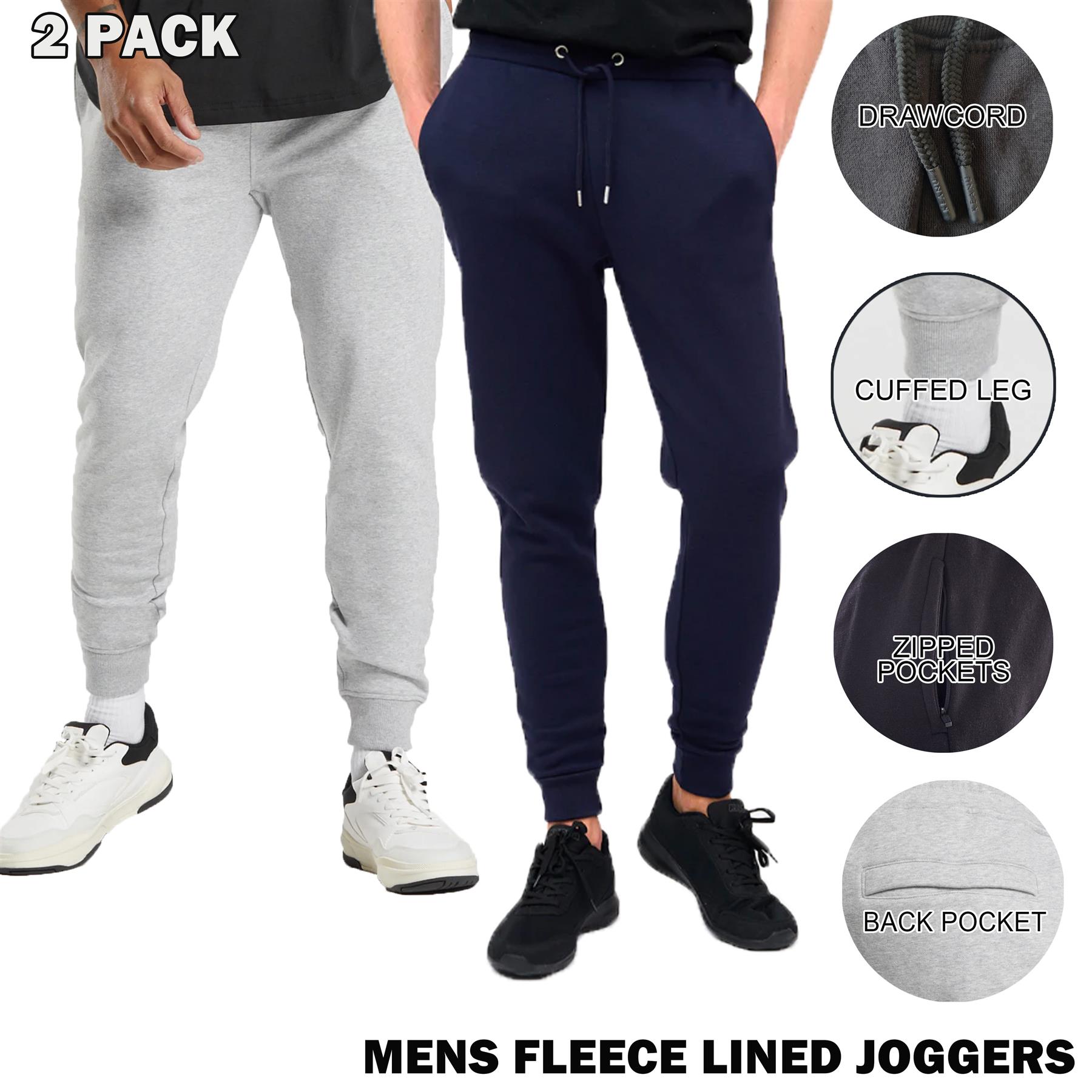 Mens 2 pack Slim Fit Fleece Joggers Jogging Gym Skinny Sweat Pants Zip Pockets - Picture 12 of 13