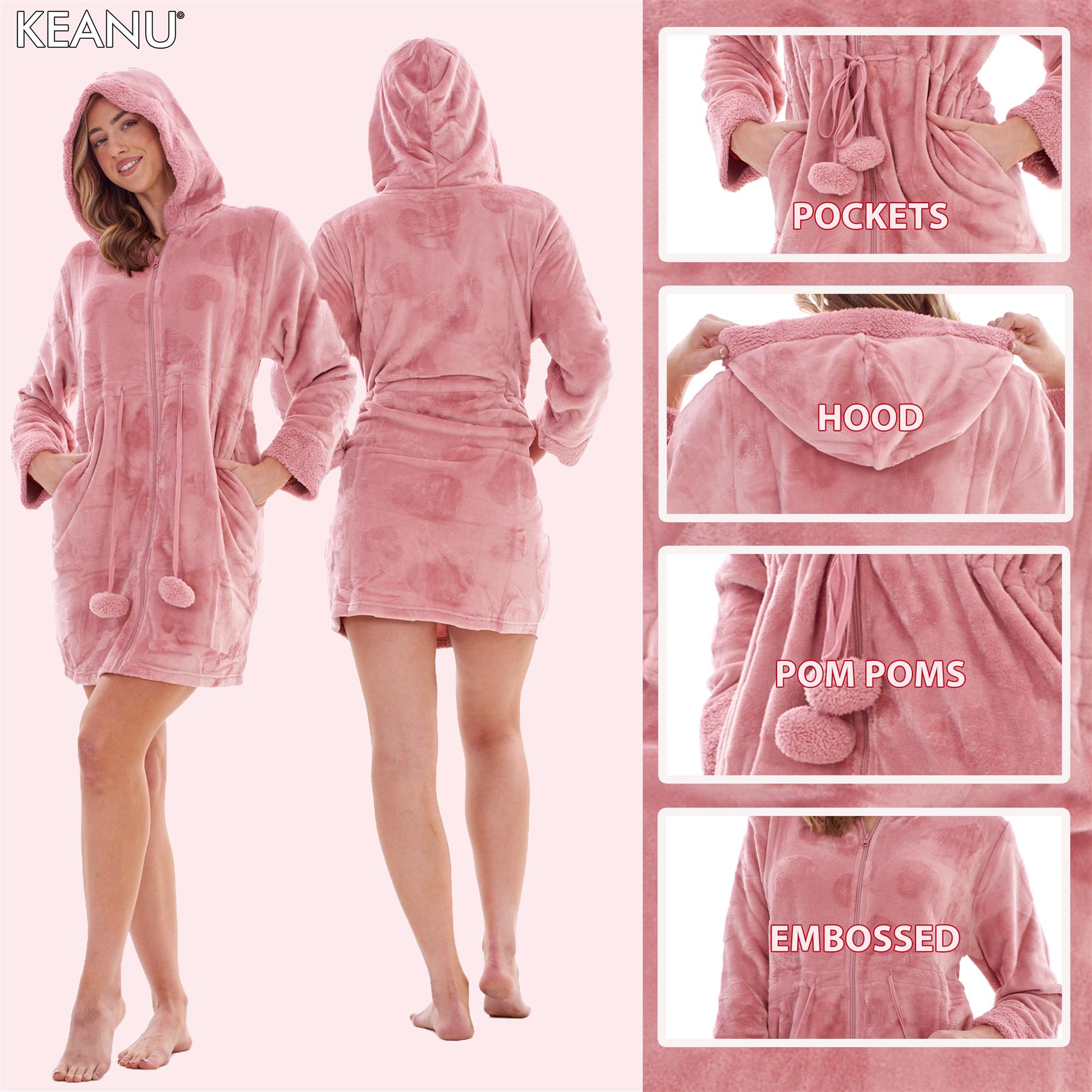Ladies Soft Luxury Flannel Fleece Zip Front Hooded Dressing Gown Robe Embossed - Picture 4 of 15